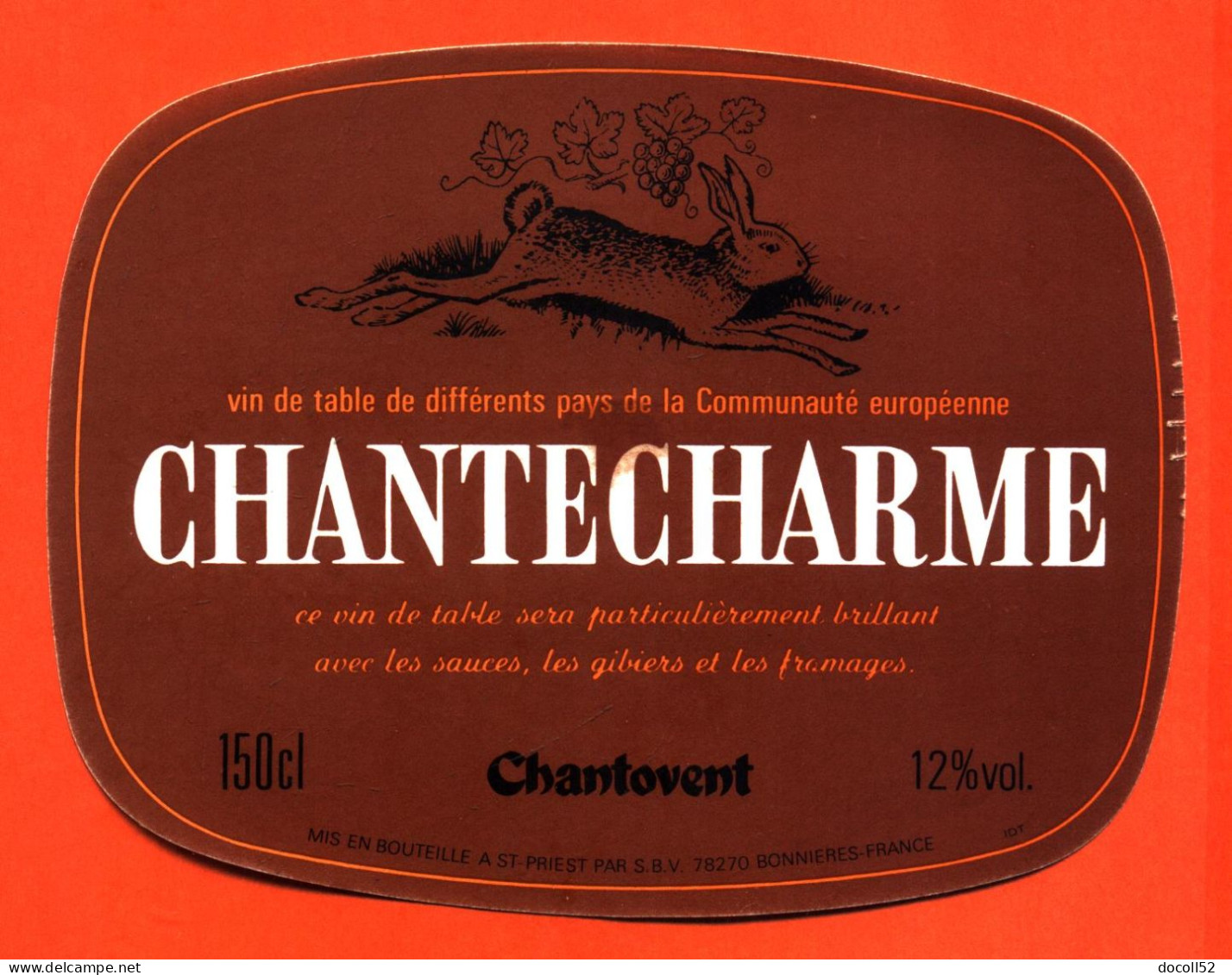 Etiquette Neuve De Vin De Table Chantecharme Chantovent à Saint Priest - 150 Cl - Lièvre - Vin De Pays D'Oc
