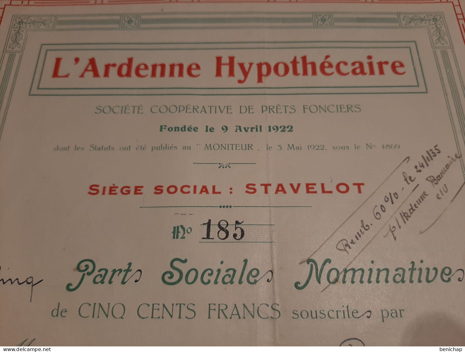 L'Ardenne Hypothécaire - Société Coopérative De Prêts Fonciers - Stavelot - Petit-Halleux Le 1er Septembre 1923. - Banca & Assicurazione