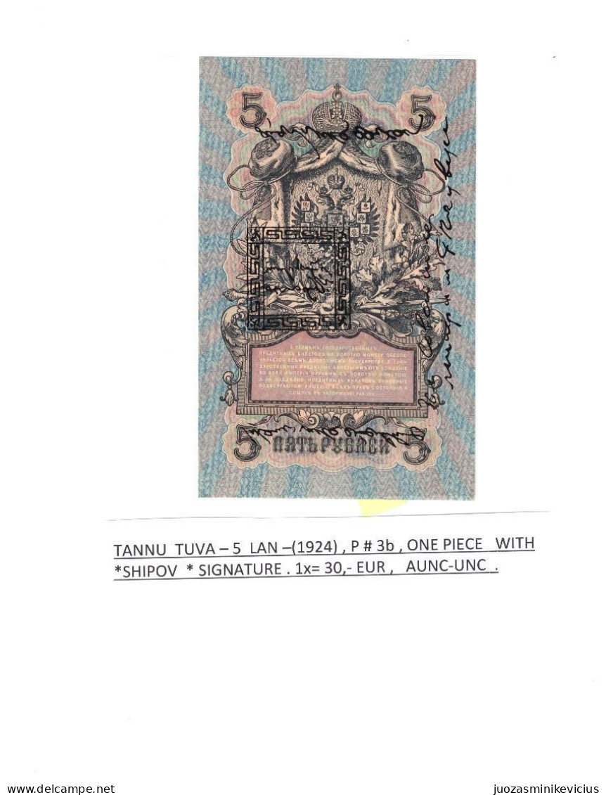 TANNU  TUVA   5 LAN -1924 , P # 3b , IN  ABOUT  UNCIRCULATED   CONDITION . - Other - Asia