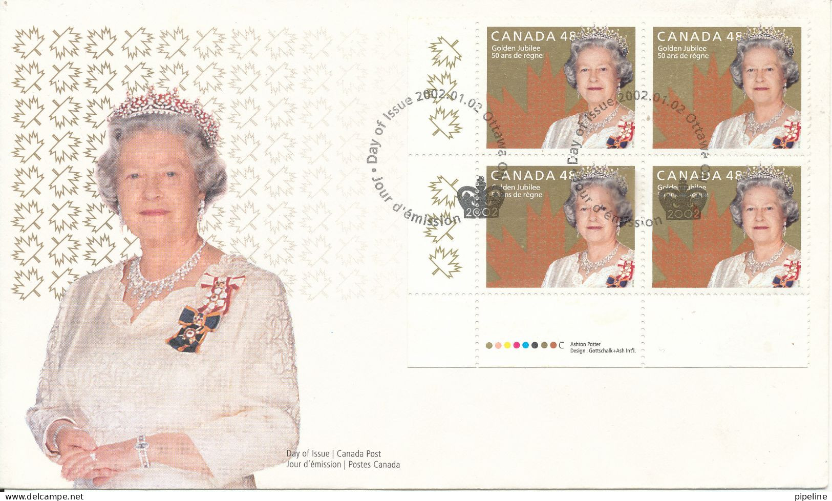 Canada FDC 2-1-2002 Golden Jubilee In Block Of 4 With Cachet - 2001-2010