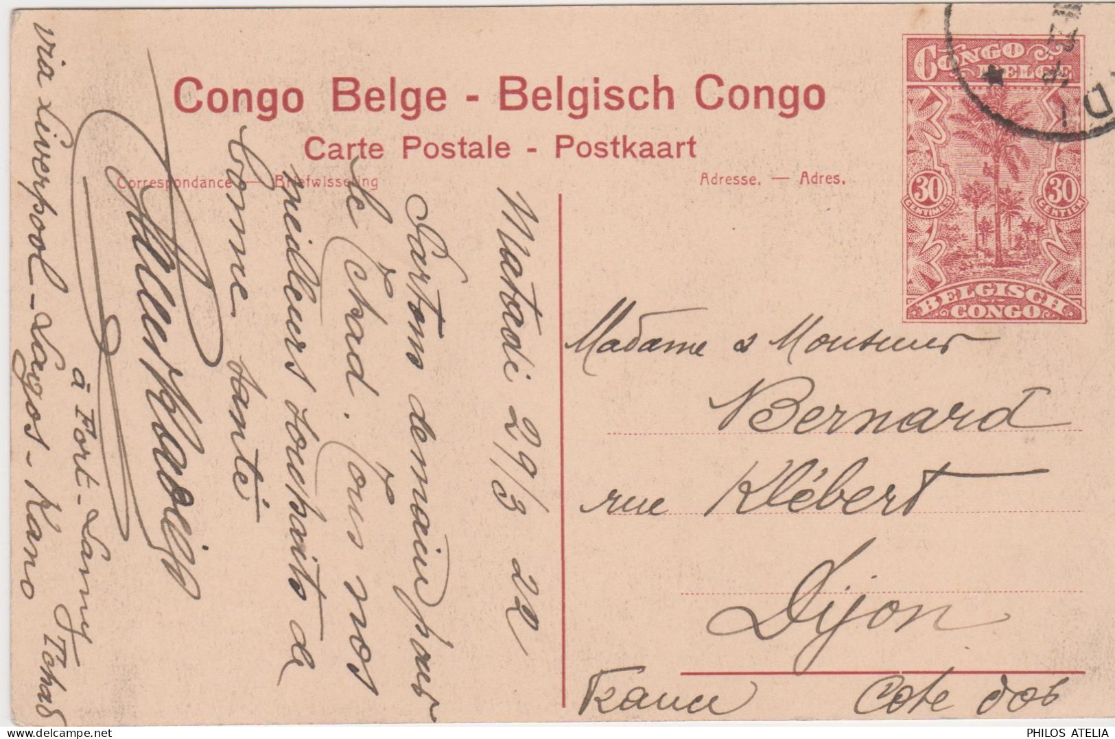 Congo Belge Entier Illustré 30ct Cocotiers CAD Matadi 1922 CPA Elisabethville Rentrée Du Maïs - Lettres & Documents