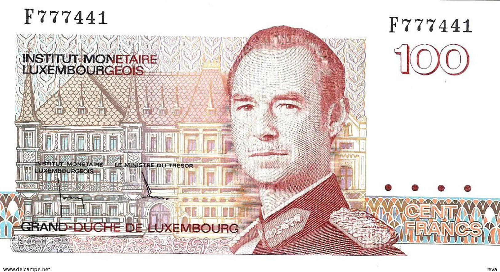 LUXEMBOURG 100 FRANCS MAN HEAD FRONT SKYLINE BACK ND(1986) SIGN1 SERIES F  P58b UNC READ DESCRIPTION - Luxembourg
