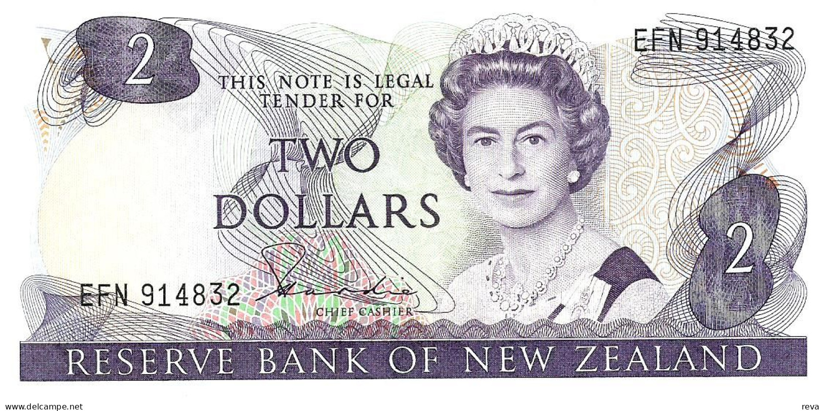 NEW ZEALAND $2 JAMES COOK WMK 2N ISSUE HEAD OF QEII BIRD BACK ND(1981-85) SIGN HARDIE P.170a W. 1992 EF READ DESCRIPTION - New Zealand