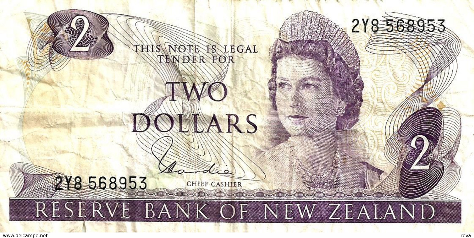 NEW ZEALAND $2 JAMES COOK WMK 2N ISSUE HEAD OF QEII BIRD BACK ND(1981-85) SIGN HARDIE P.170a W. 1992 EF READ DESCRIPTION - Nuova Zelanda