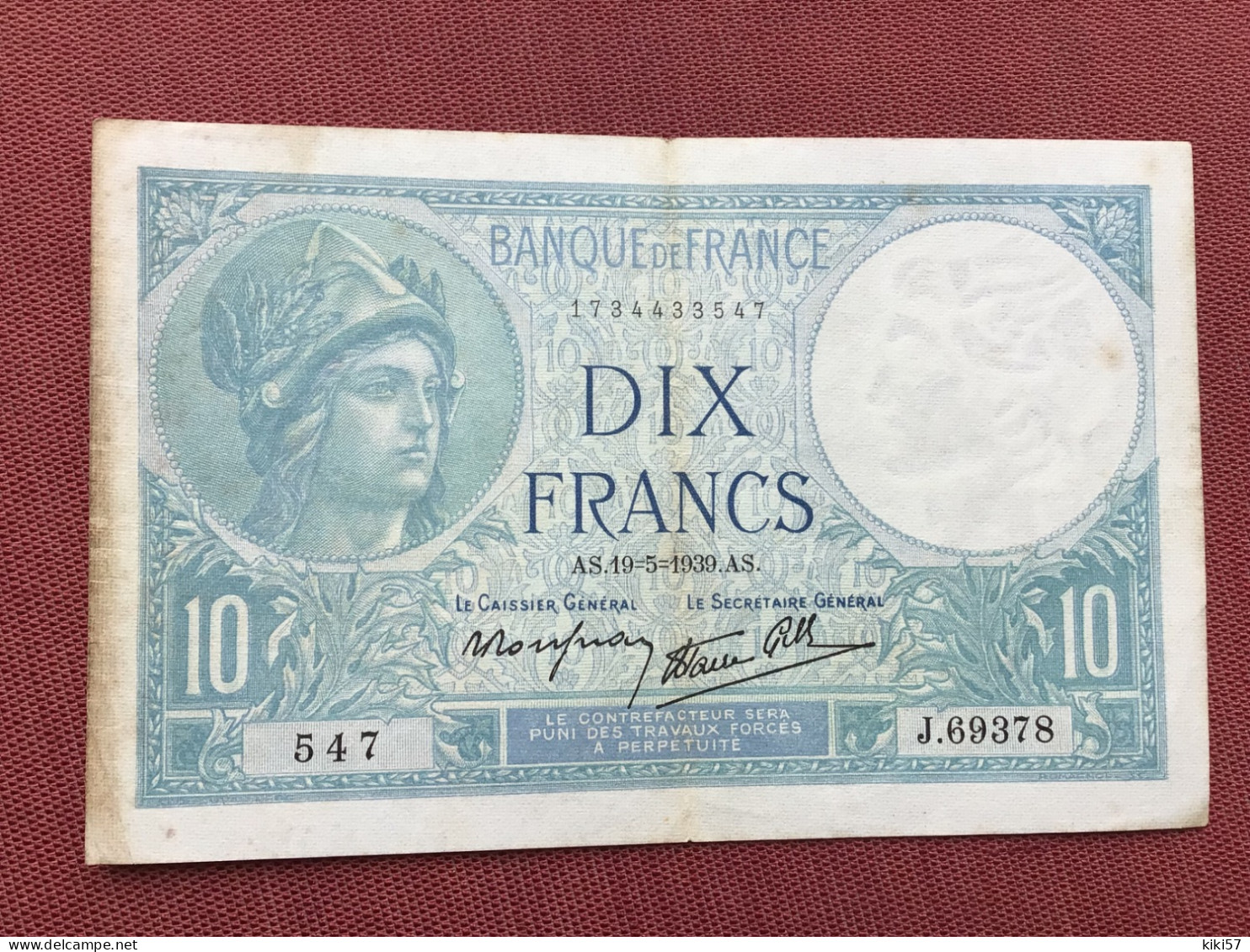 FRANCE Billet 10 Francs Minerve 15/05/1939 - 10 F 1916-1942 ''Minerve''