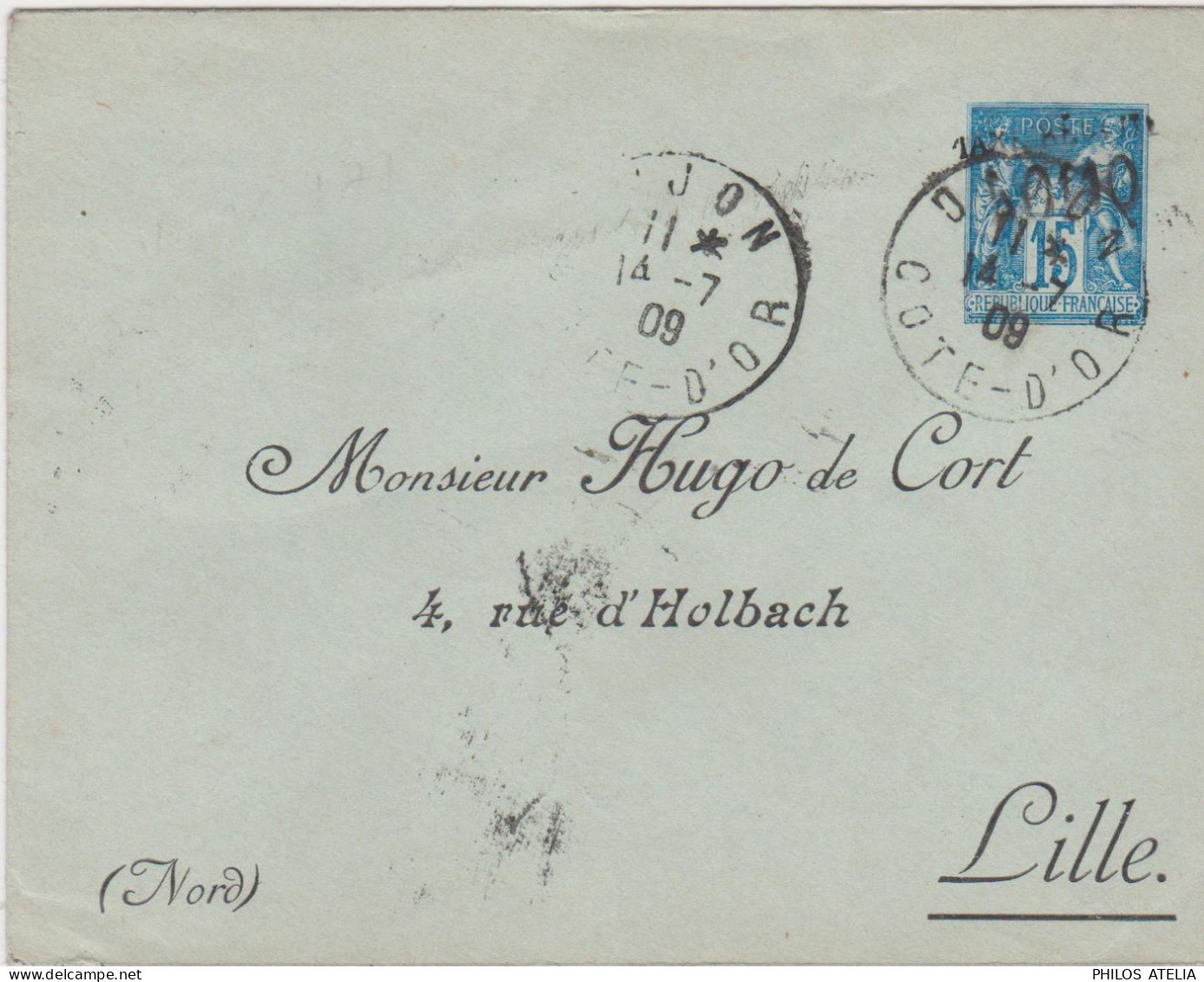 Entier Sage 15c Bleu S/ Papier Vert Taxe Réduite 0,10 (12,2x9,5) Enveloppe Privée Repiquage Hugo De Cort Lille CAD Dijon - Overprinted Covers (before 1995)