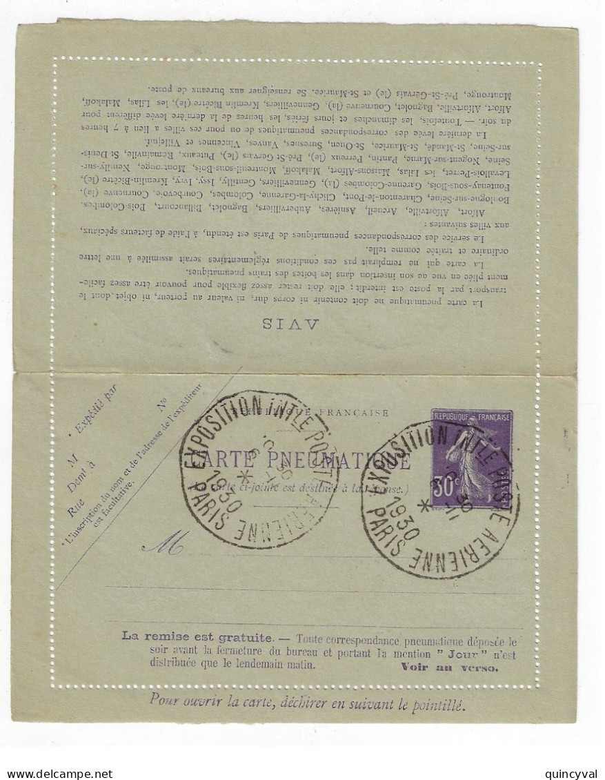 PARIS Exposition Internationale Poste Aérienne 1930 Entier Pneumatique Carte Lettre SANS La Réponse Yv CLPPRP3 - Pneumatiques