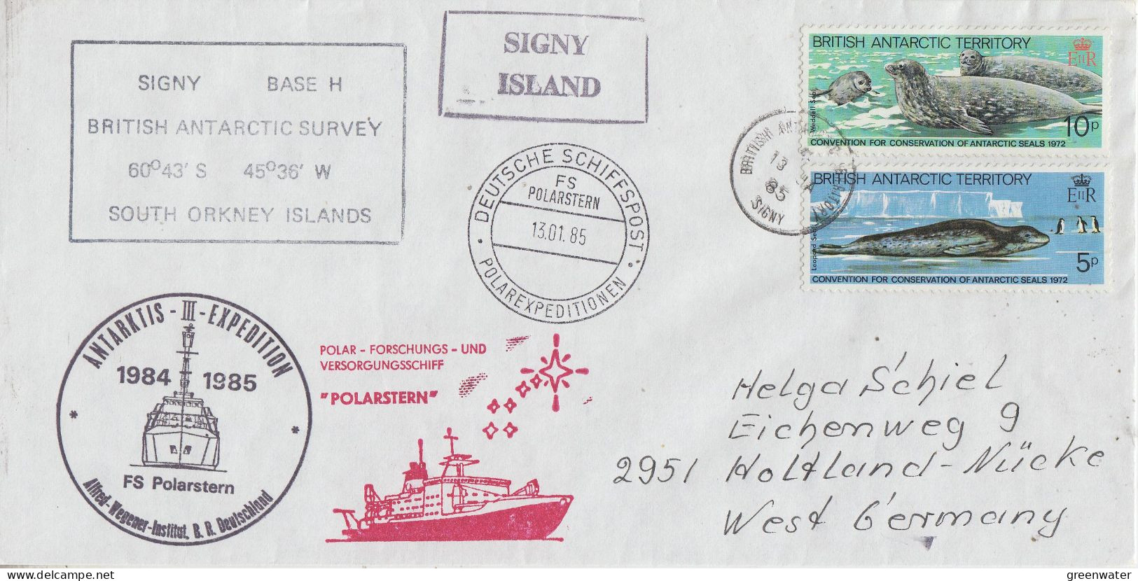 British Antarctic Territory (BAT) Cover Ca Polarstern, Ca Signy Base H, Ca Signy 13 JA 1985 (XX186) - Briefe U. Dokumente