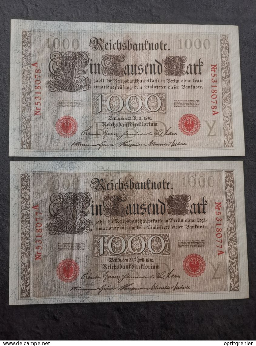 LOT 2 BILLETS N° SUIVIS SERIE Y   1000 MARK  21 04 1910 BERLIN REICHSBANKNOTE ALLEMAGNE - 1.000 Mark