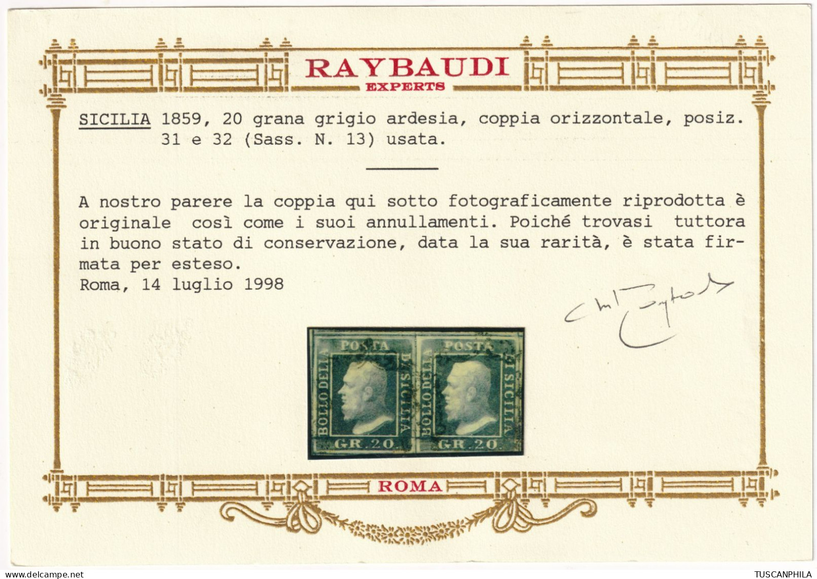 20 Gr. Coppia Pos.31+32 Sass 14 Usata Certicata ORO Raybaudi Cv 7500 - Sicilia