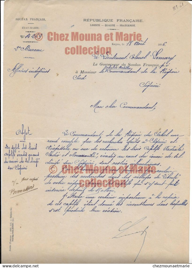 18 AOUT 1896 SOUDAN FRANCAIS KAYES LT COLONEL LAMARY POUR COMMANDANT GUINEE CAPTIFS EVADES SIGUIRI NIAGASSOLA - Documenti Storici