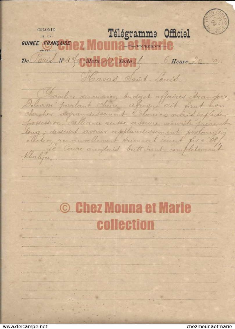 25 MAI 1899 TELEGRAMME GUINEE FRANCAISE HAVAS ST LOUIS EXPLOITATION COLONIES RUSSE ASSURE SECURITE LA CAIRE BAT KHALIFA - Historische Dokumente