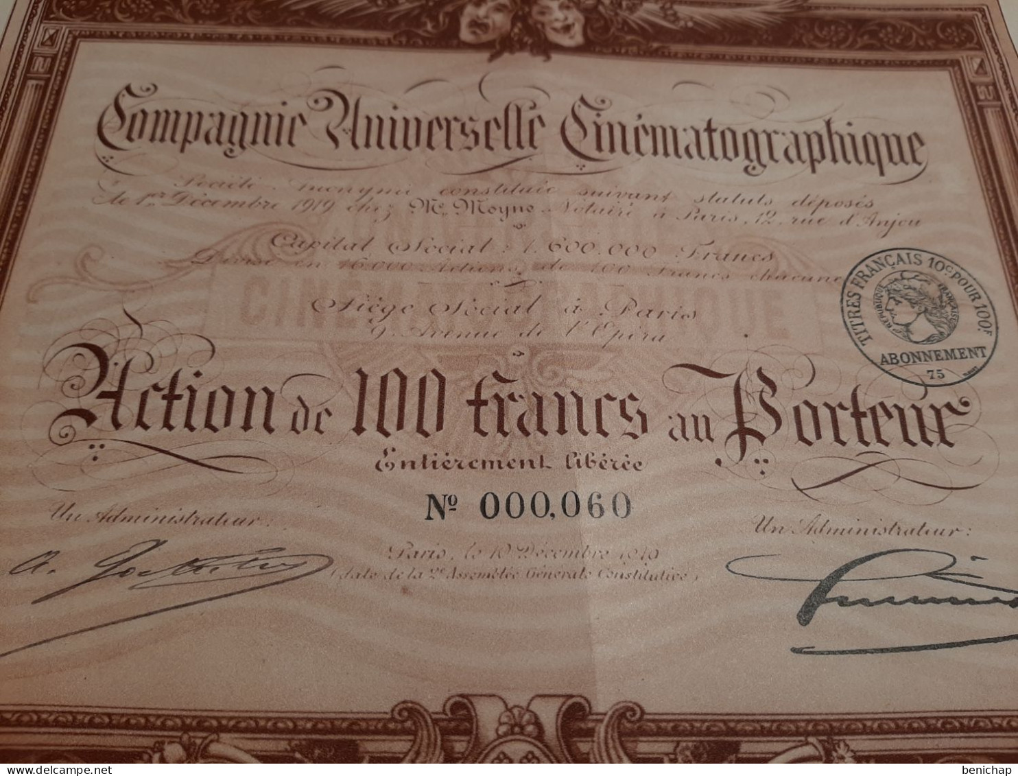 Compagnie Universelle Cinématographique - Action De 100 Francs Au Porteur - Paris Le 10 Décembre 1910. - Film En Theater