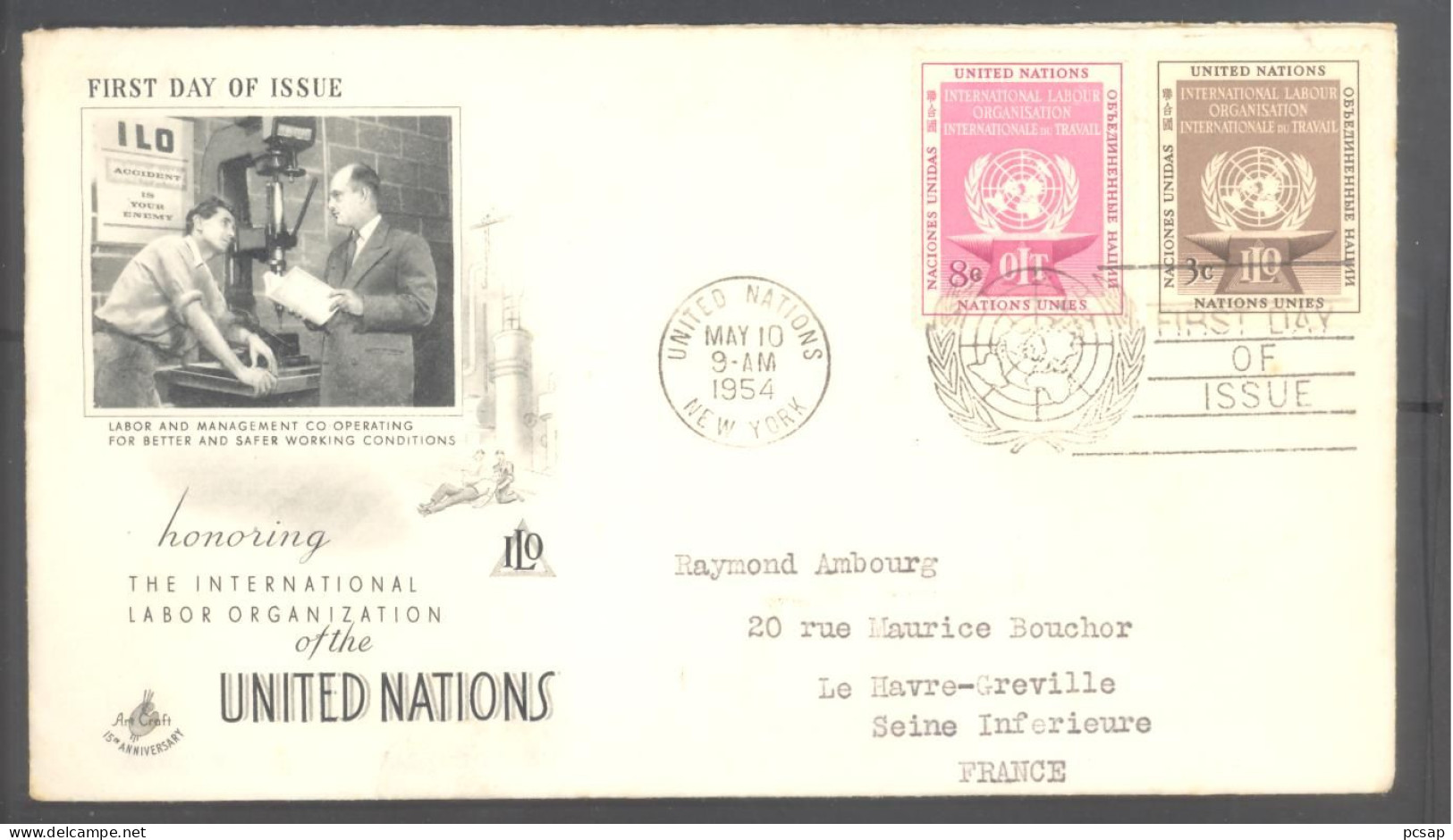 Lettre Entière 1er Jour 9 Mai 1954 - The International Labor Organization Of The United Nations (cachet New York) - Brieven En Documenten