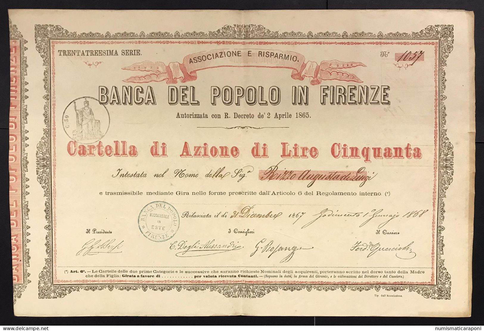 Banca Del Popolo Di Firenze Azione 50 Lire1867 Cod.bu.680 - D - F