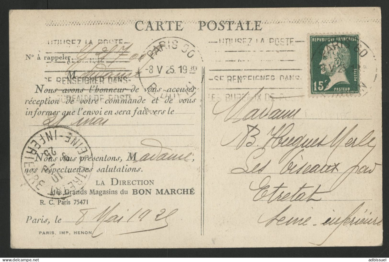 N° 171 ROULETTE 15 Ct Vert PASTEUR Sur CP De La Samaritaine Obl. Méc. "Paris 80 R. Dupin 8/5/25". - Rollo De Sellos