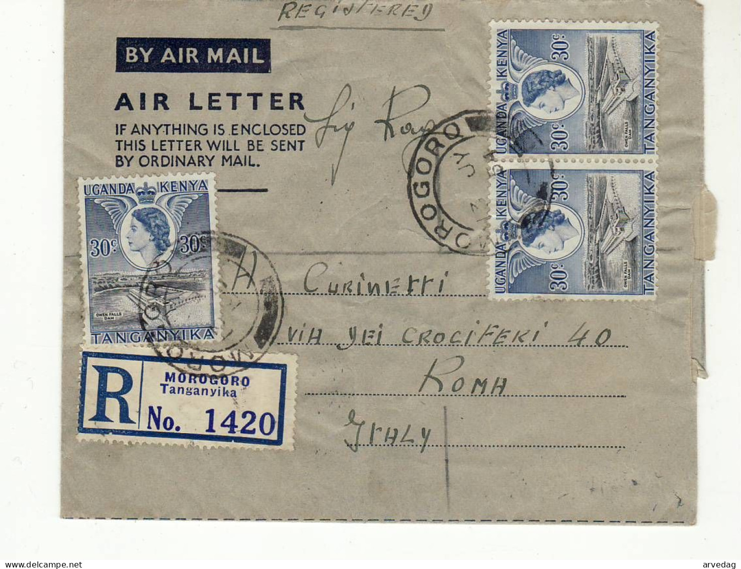 AG2178 AIR LETTER TANGANYICA MOROGORO TO ROMA - UGANDA KENYA TANGANYICA SAMPS - Tanganyika (...-1932)