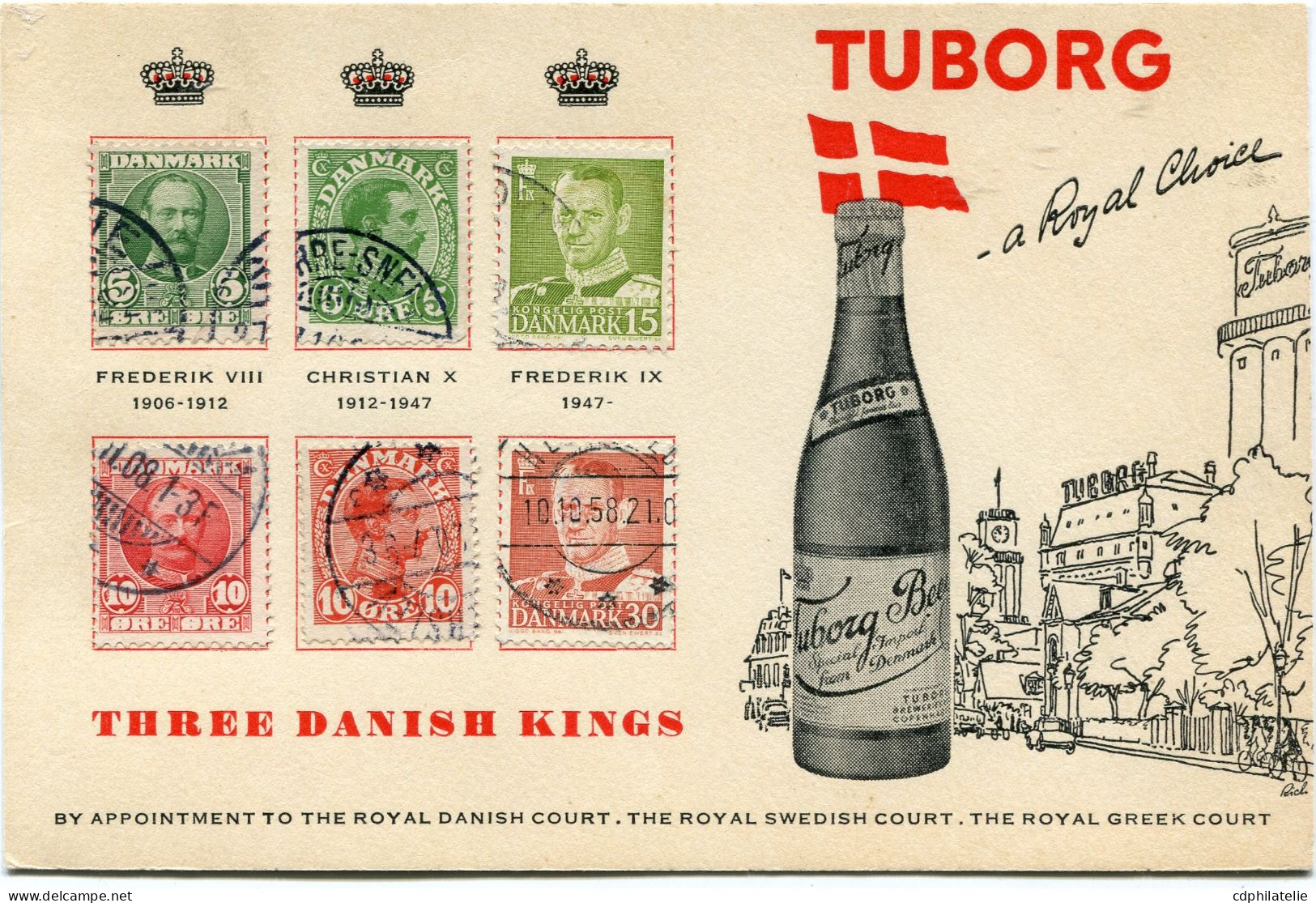 DANEMARK CARTE PUBLICITAIRE TUBORG -A ROYAL CHOICE AVEC STAMPS THREE DANISH KINGS..... - Beers