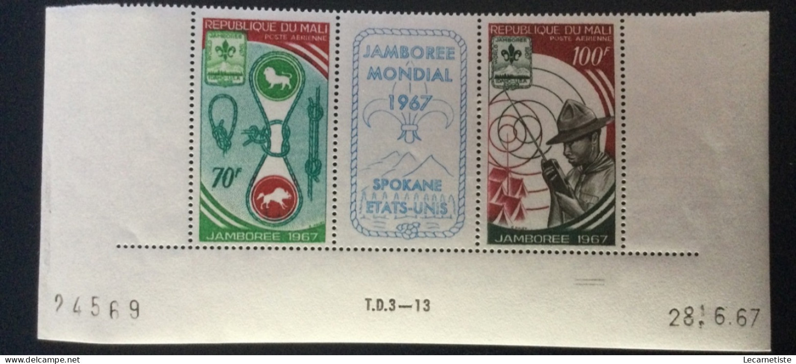 Poste Aérienne PA 50A Triptyque Scoutisme Jamboree Scoutisme Mondial 1967 Spokane CD 28.6.67 RE TD3-13 - Mali (1959-...)