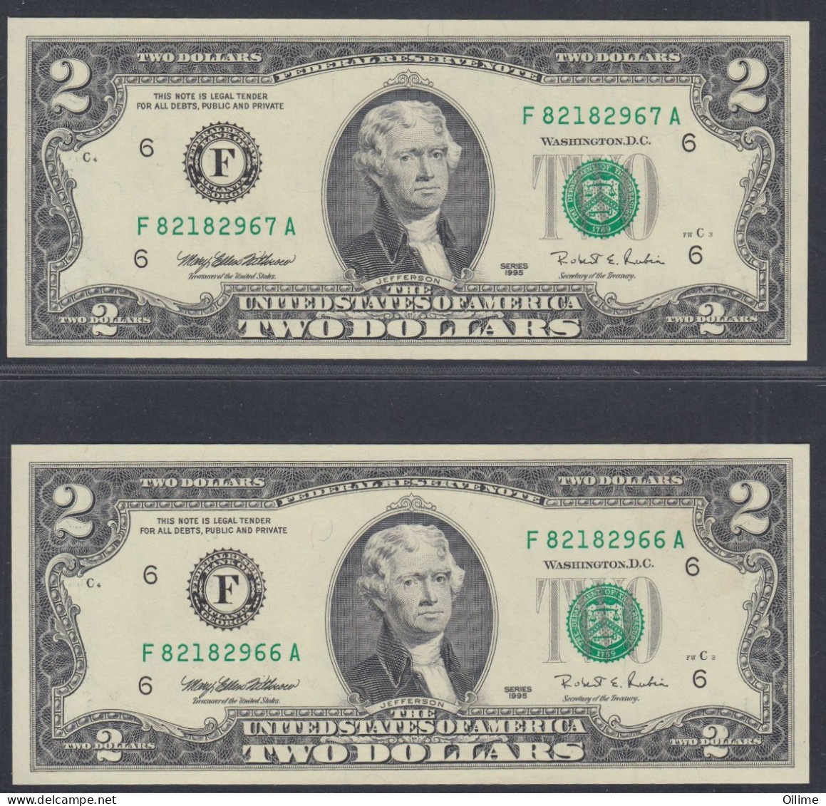 USA. PAREJA DE BILLETES DE 2 DÓLARES CORRELATIVOS. RESERVA FEDERAL. ATLANTA GEORGIA. 1995. UNC - Other - America