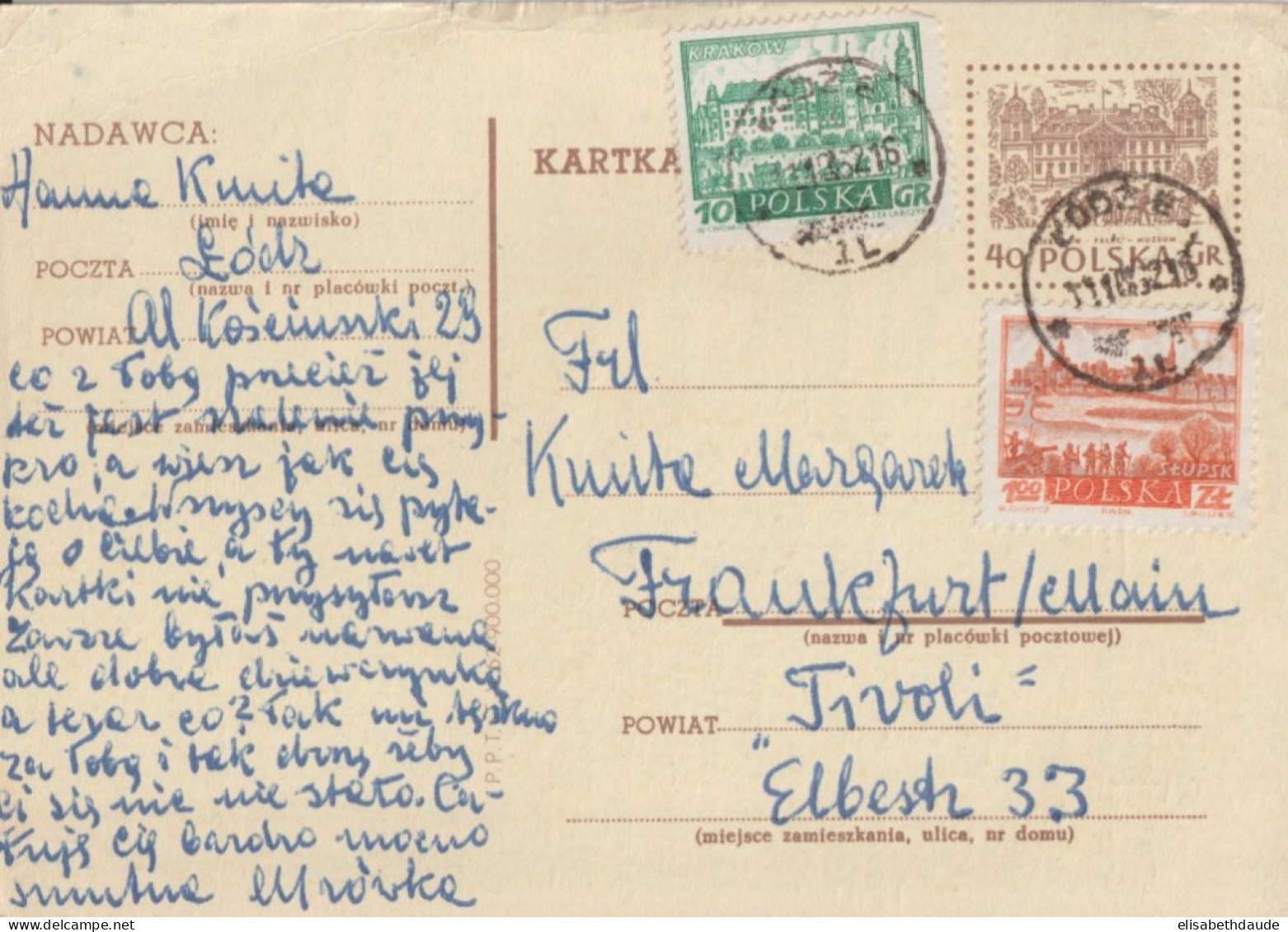 1962 - POLOGNE - AFFR. TRICOLORE Sur CP ENTIER De LODZ => FRANKFURT - Interi Postali