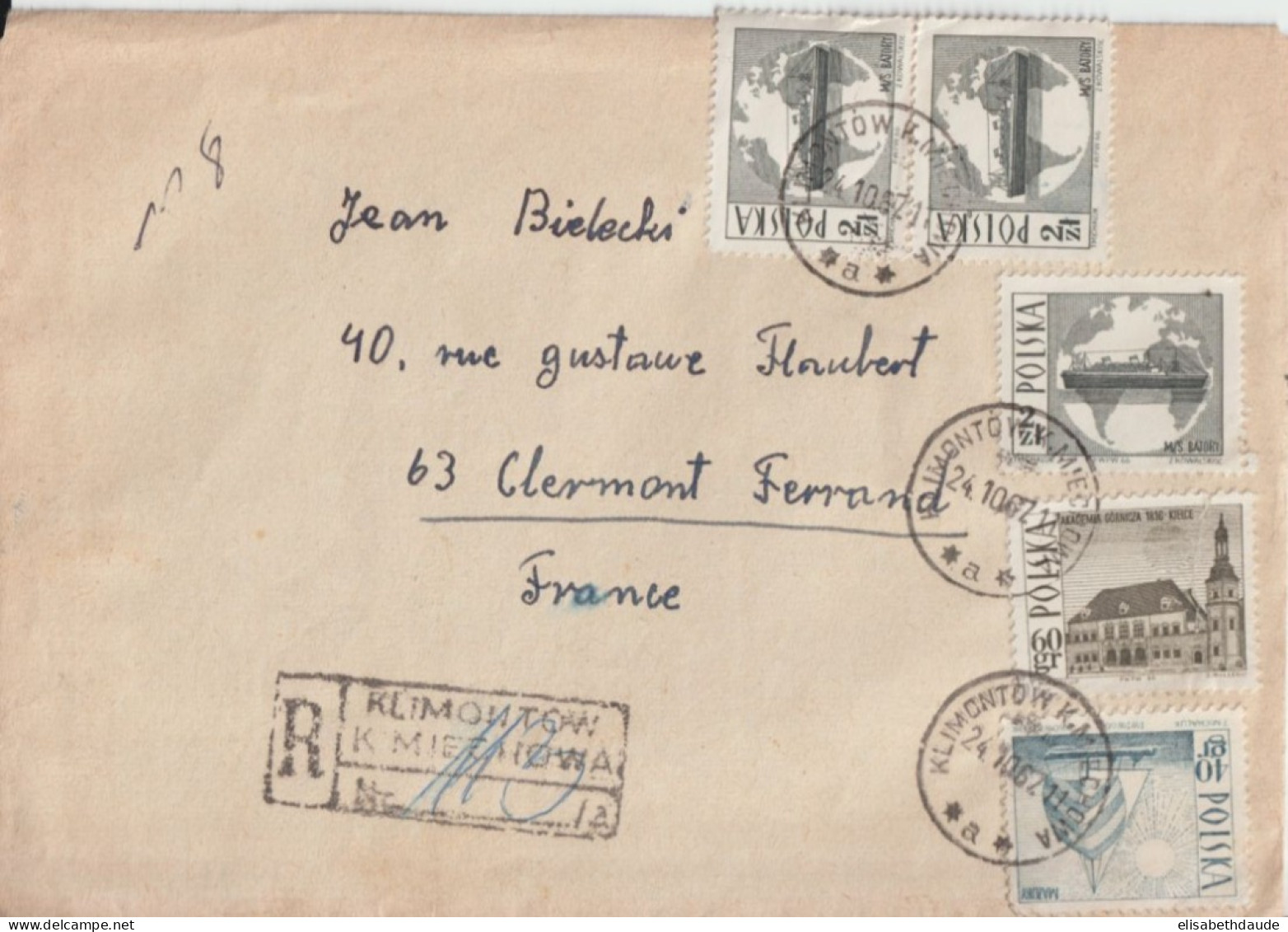 POLOGNE - 1967 - ENVELOPPE RECOMMANDEE De KLIMONTOW ! => CLERMONT-FERRAND - Cartas & Documentos