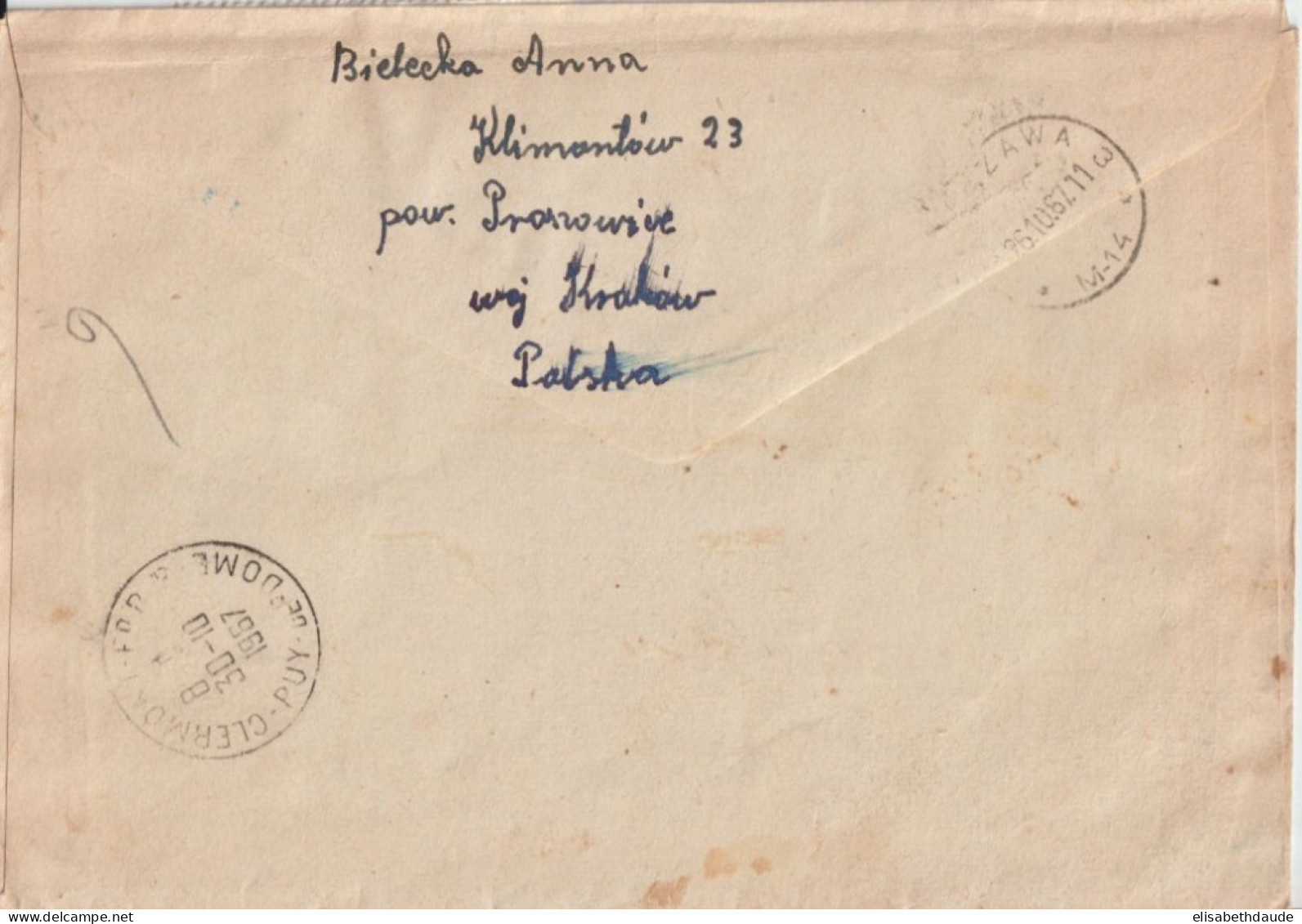 POLOGNE - 1967 - ENVELOPPE RECOMMANDEE De KLIMONTOW ! => CLERMONT-FERRAND - Cartas & Documentos