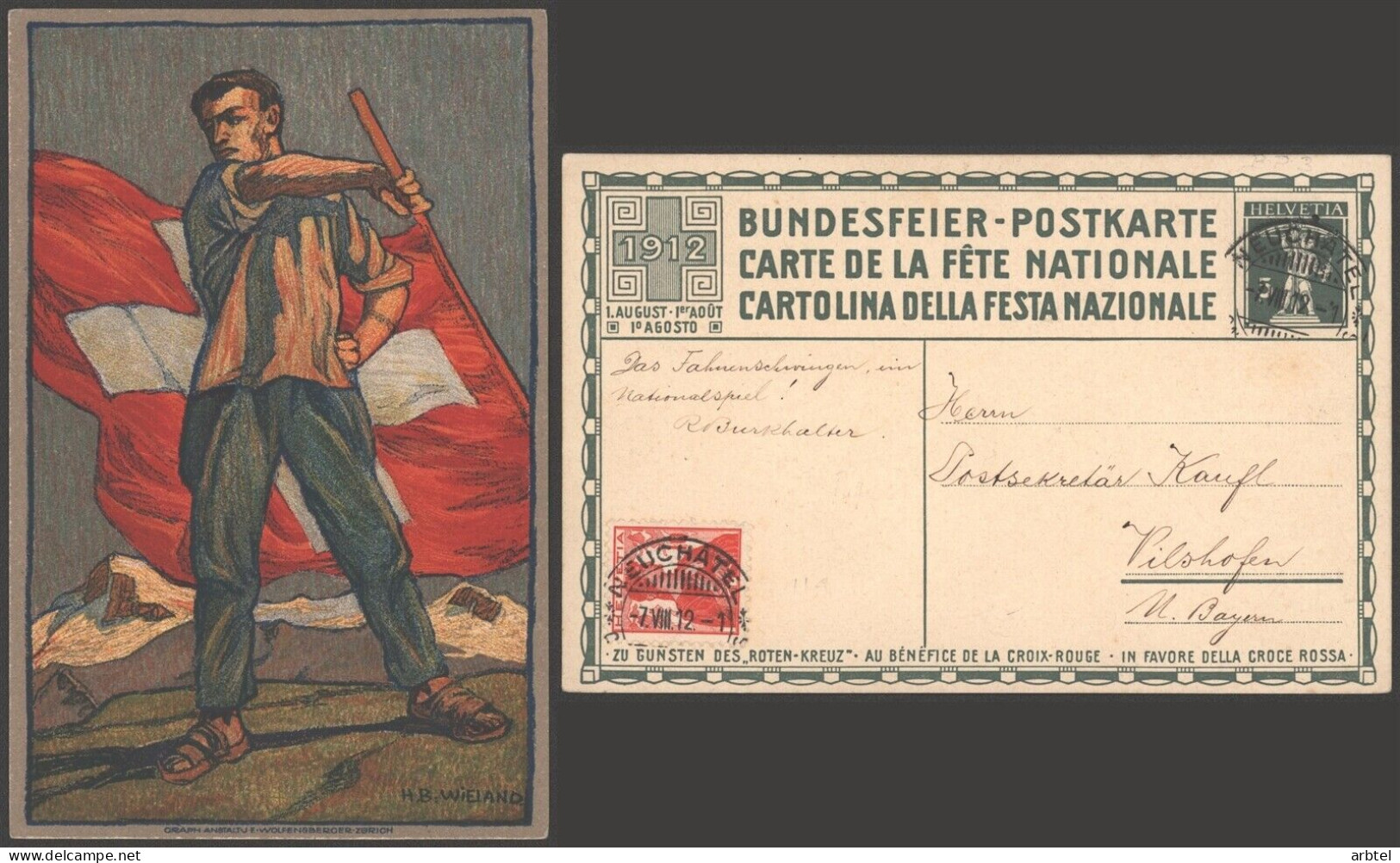 SUIZA 1914 ENTERO POSTAL 1912 NEUCHATEL FIESTA NACIONAL BANDERA FLAG - Buste