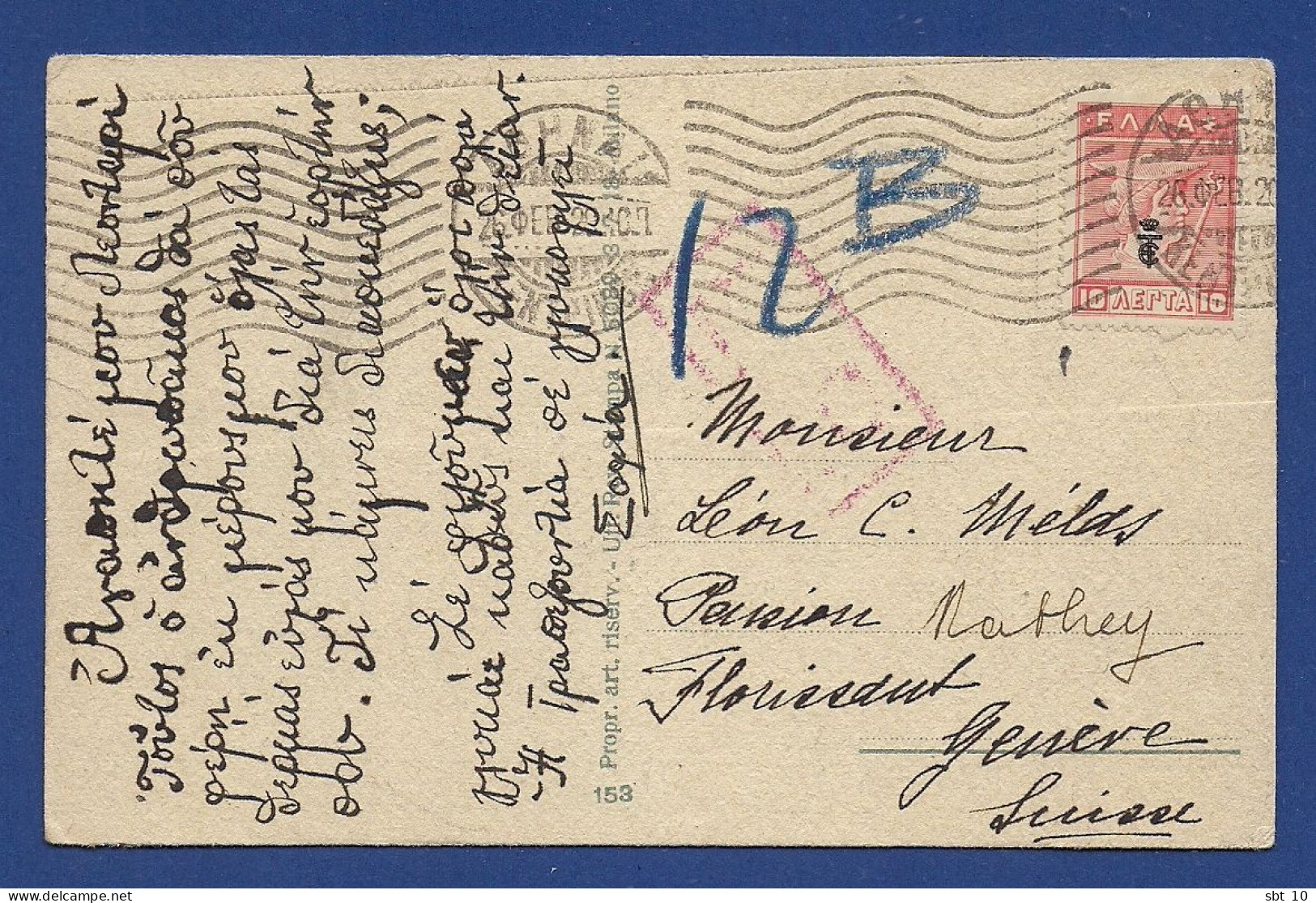 Greece To Geneve Post Card 1920 [ L.P ,12B] - Lettres & Documents