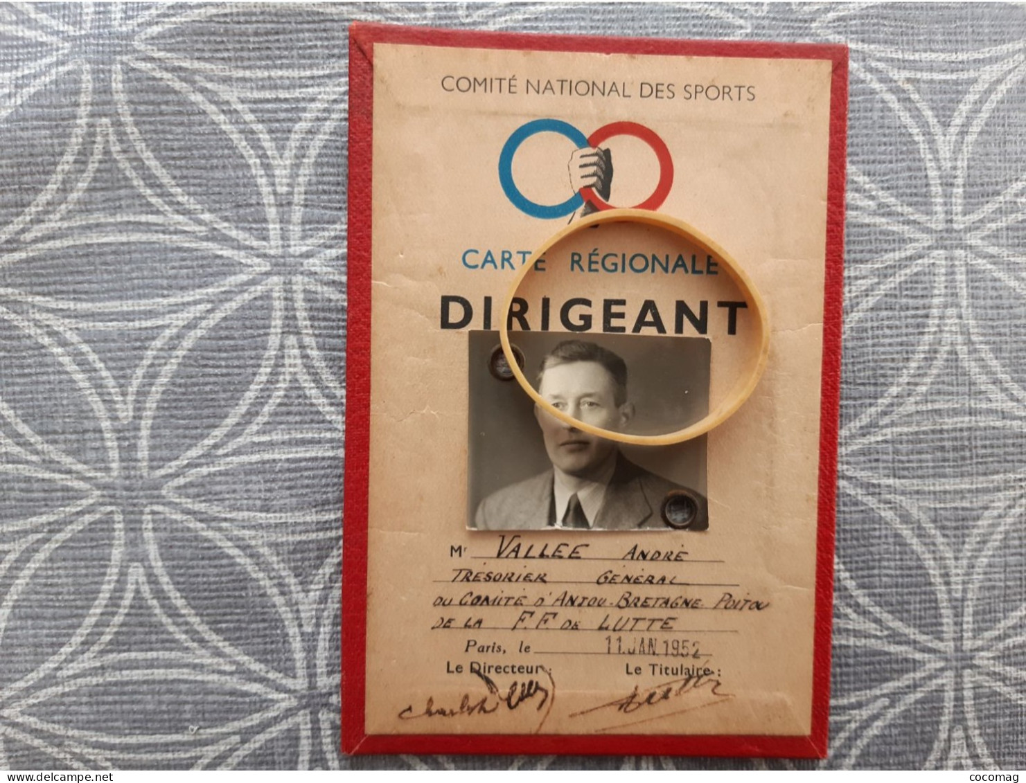 LUTTE CARTE REGIONALE DE DIRIGEANT  PERSONNAGE VALLEE ANDRE LUTTEUR TRESORIER GENERAL 1952 8.5 X 12.5 - Lutte