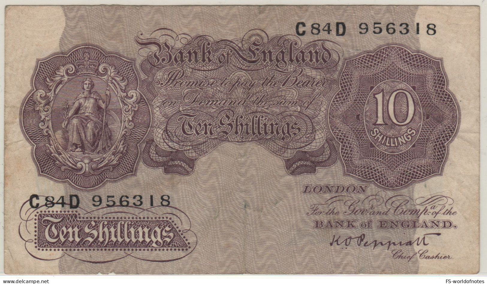 ENGLAND.   10  Shillings    P366a    ( Britannia  -  Sign. K.O. Peppiatt    1940-48  ) - 10 Schillings