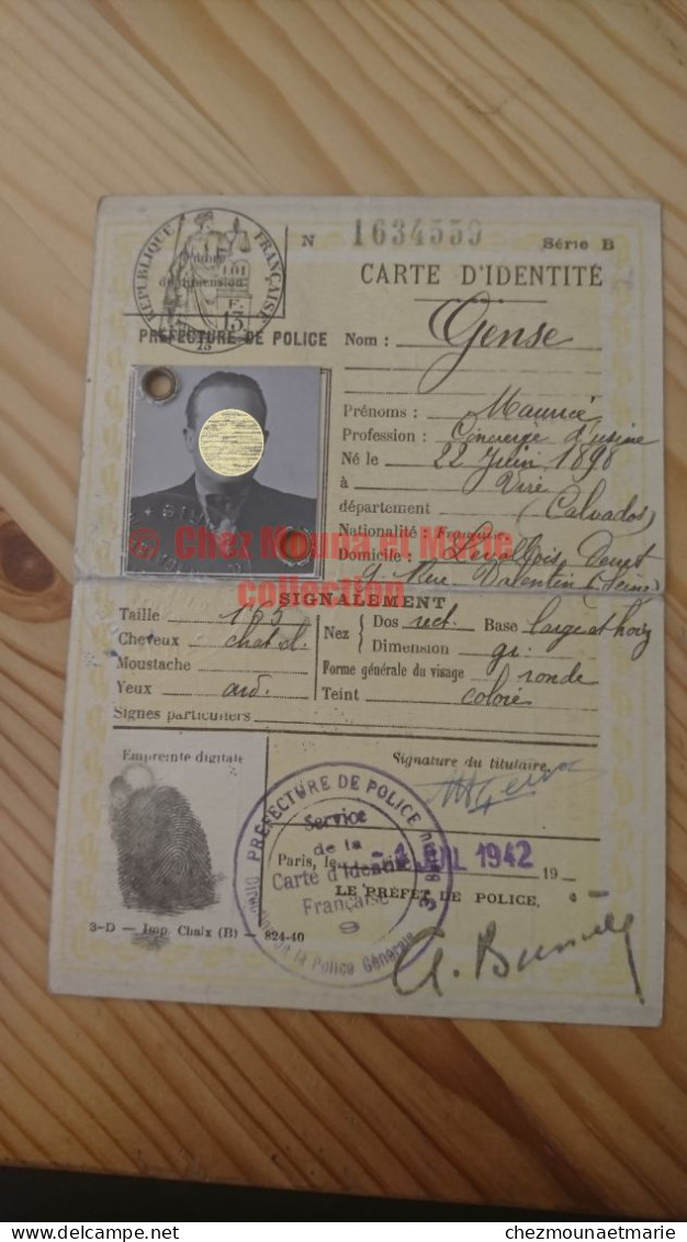 1942 CARTE D IDENTITE GENSE MAURICE NE EN 1898 A VIRE CALVADOS CONCIERGE D USINE - Documentos Históricos