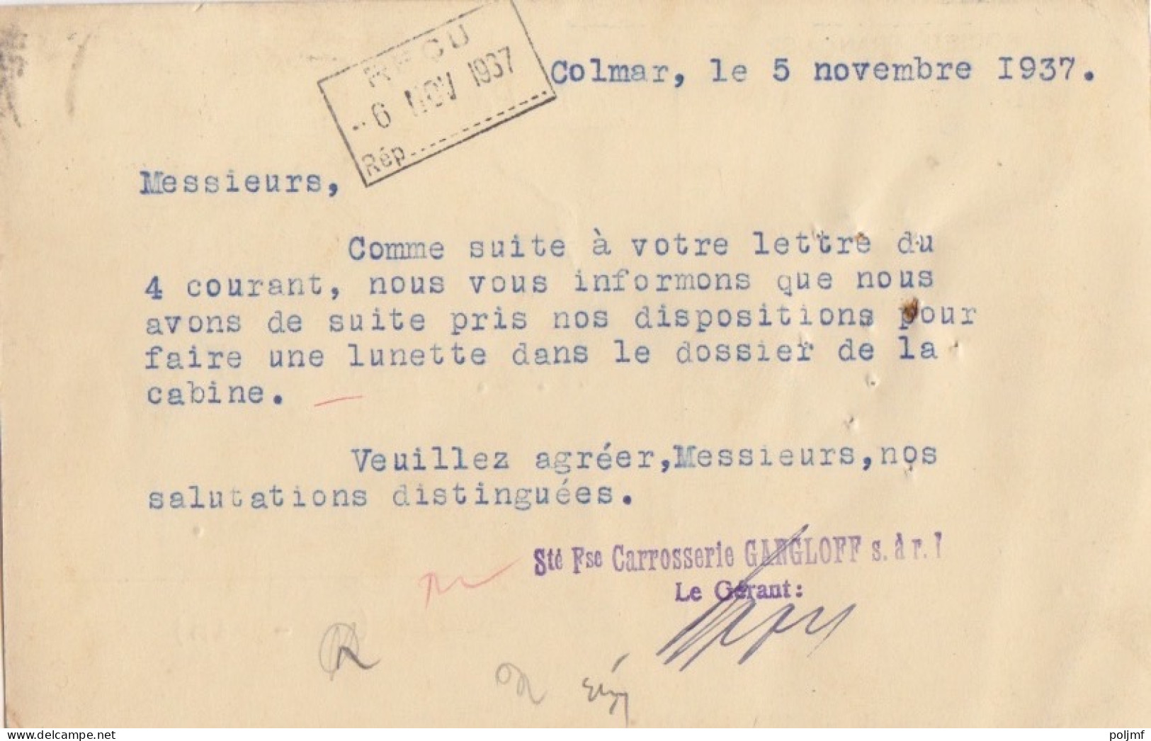 CP à Entête "Carrosserie Gangloff" Obl. Colmar RP Le 5/12/37 (tarif 12/7/37) Sur N° 283 50c Paix + 5c N° 278 B - 1932-39 Paix