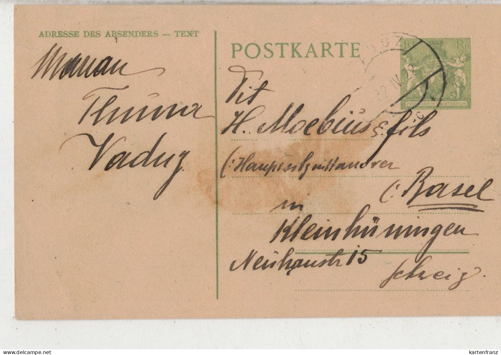 Liechtenstein Ganzsache Postkarte - Vaduz Nach Basel Schweiz - O 1922 - Postwaardestukken