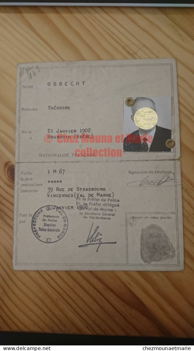 1968 CARTE D IDENTITE VAL DE MARNE OBRECHT THEODORE NE EN 1902 A BOURGOIN ISERE - Documentos Históricos