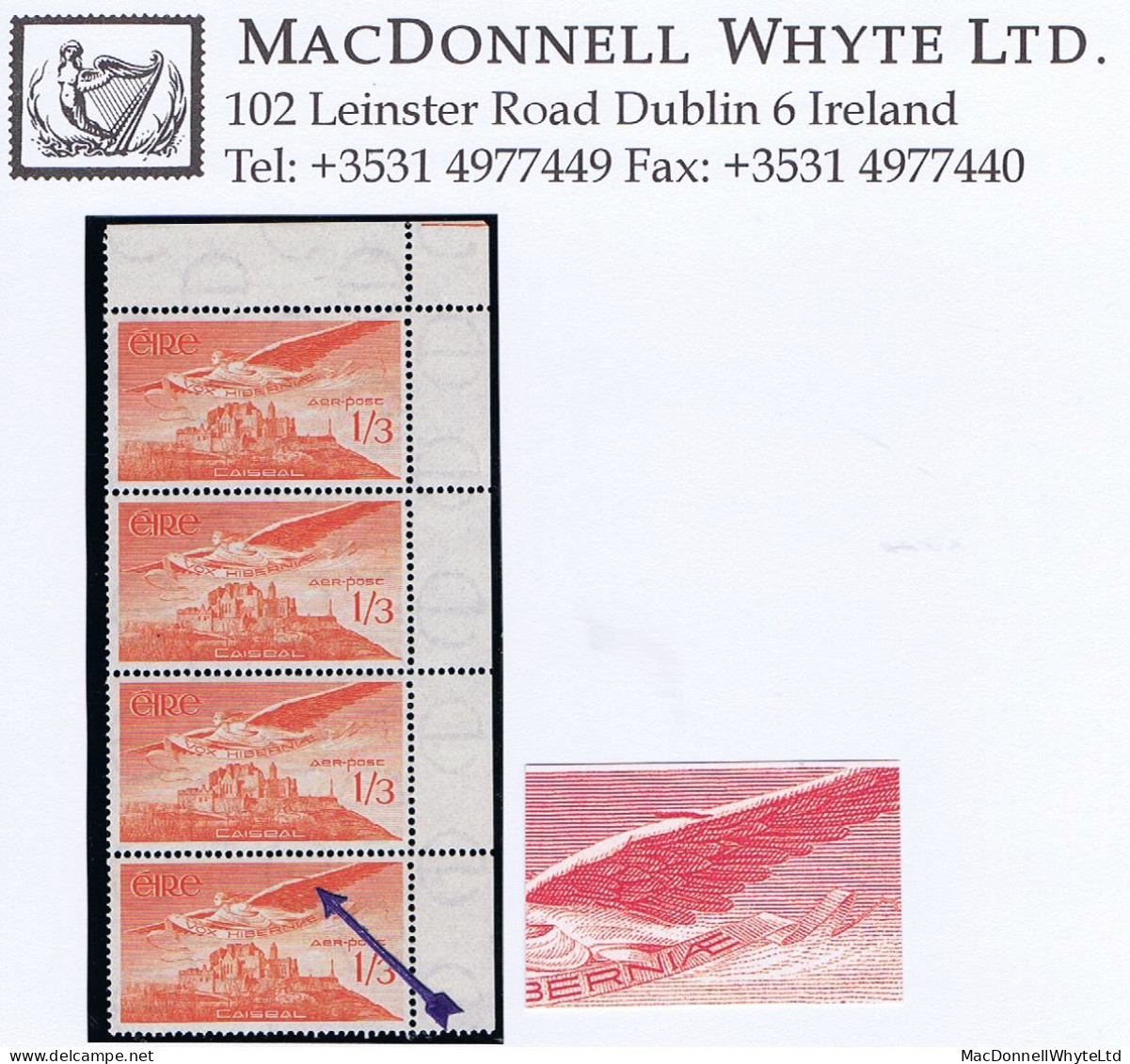 Ireland 1948-65 Airmail 1/3 Angel Victor Variety "Extra Feather" R4/6 In A Corner Strip Of 4 Mint Unmounted, Cert - Luftpost