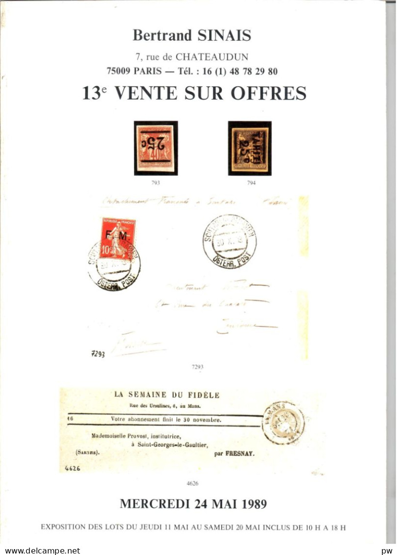 VENTES SINAIS 1989  1 Catalogue De Vente 13e Du 24/5/1989 - Catalogi Van Veilinghuizen