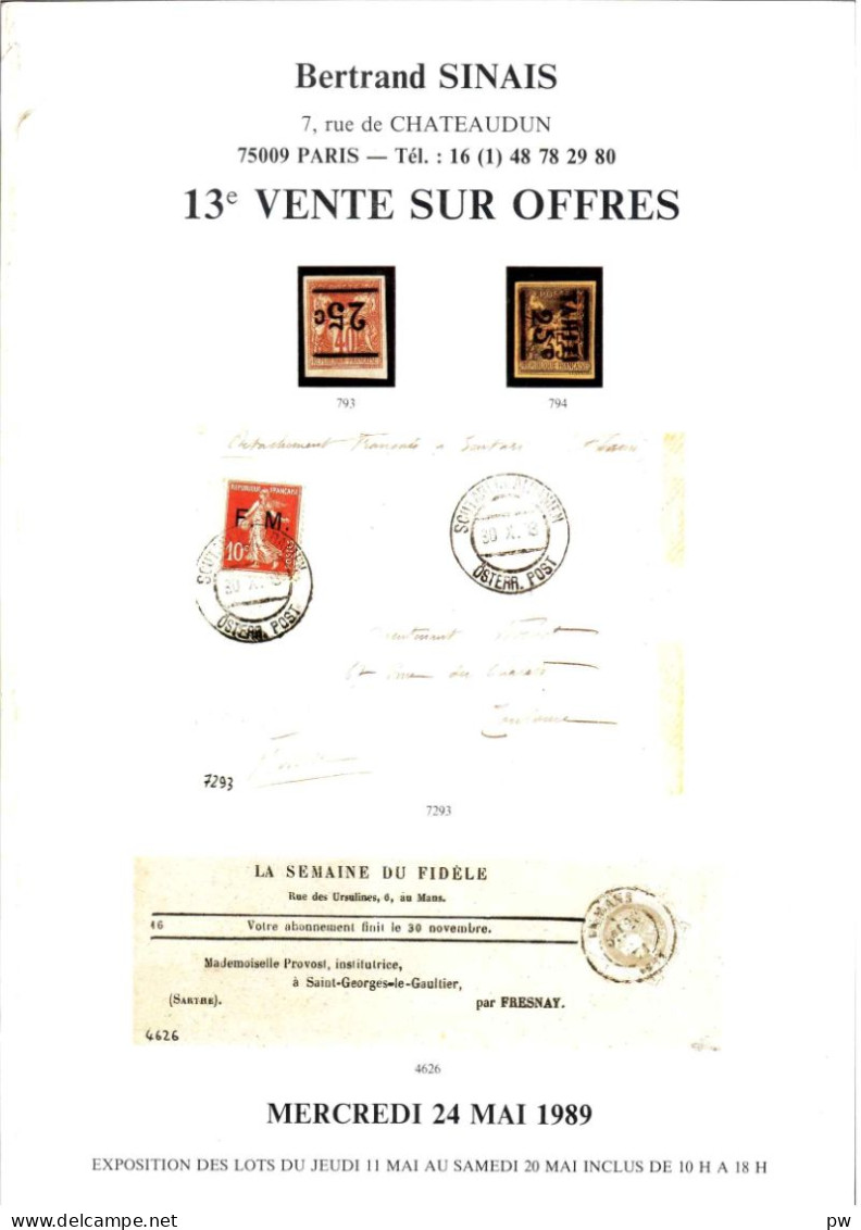 VENTES SINAIS 1989 CATALOGUE 13e VENTE SUR OFFRES 24/5/1989 - Catalogues De Maisons De Vente