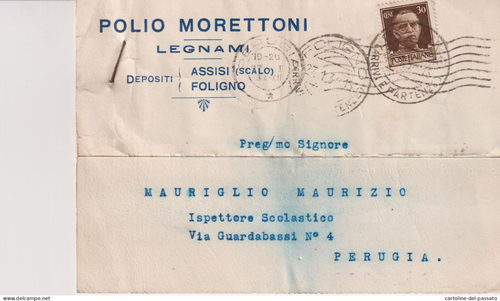 FOLIGNO  PERUGIA  TESTATINA PUBBLICITA'  1934 LEGNAMI POLIO MORETTONI - Foligno