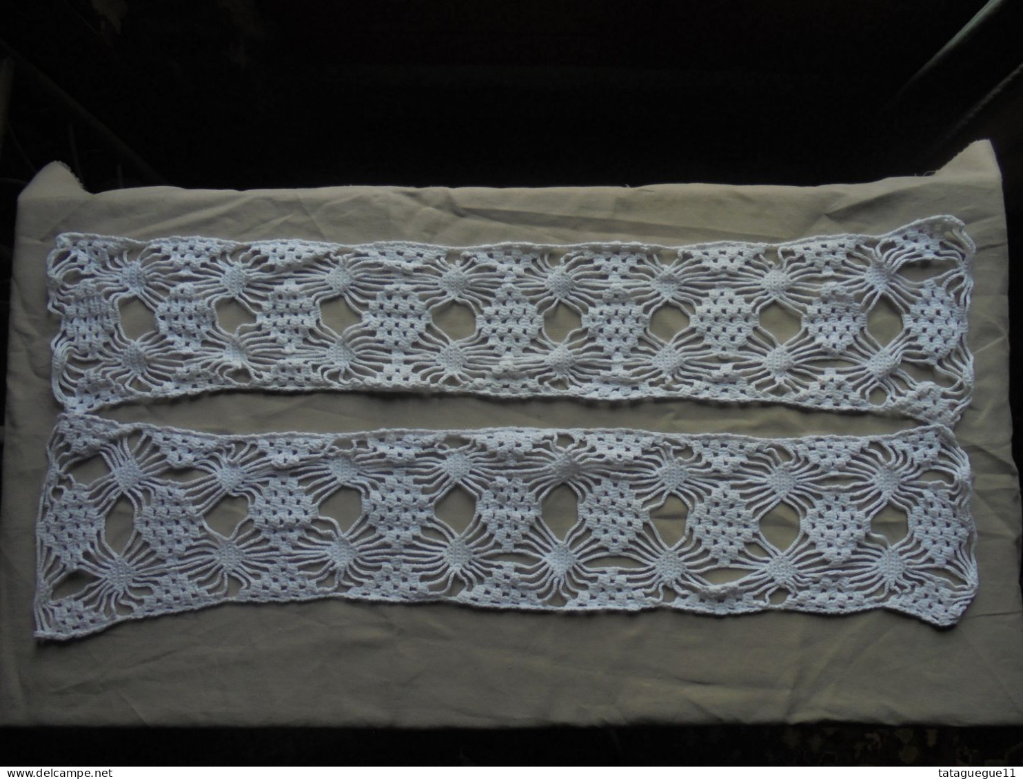 Vintage - 2 bandes rectangles en broderie ajourée fil de coton blanc