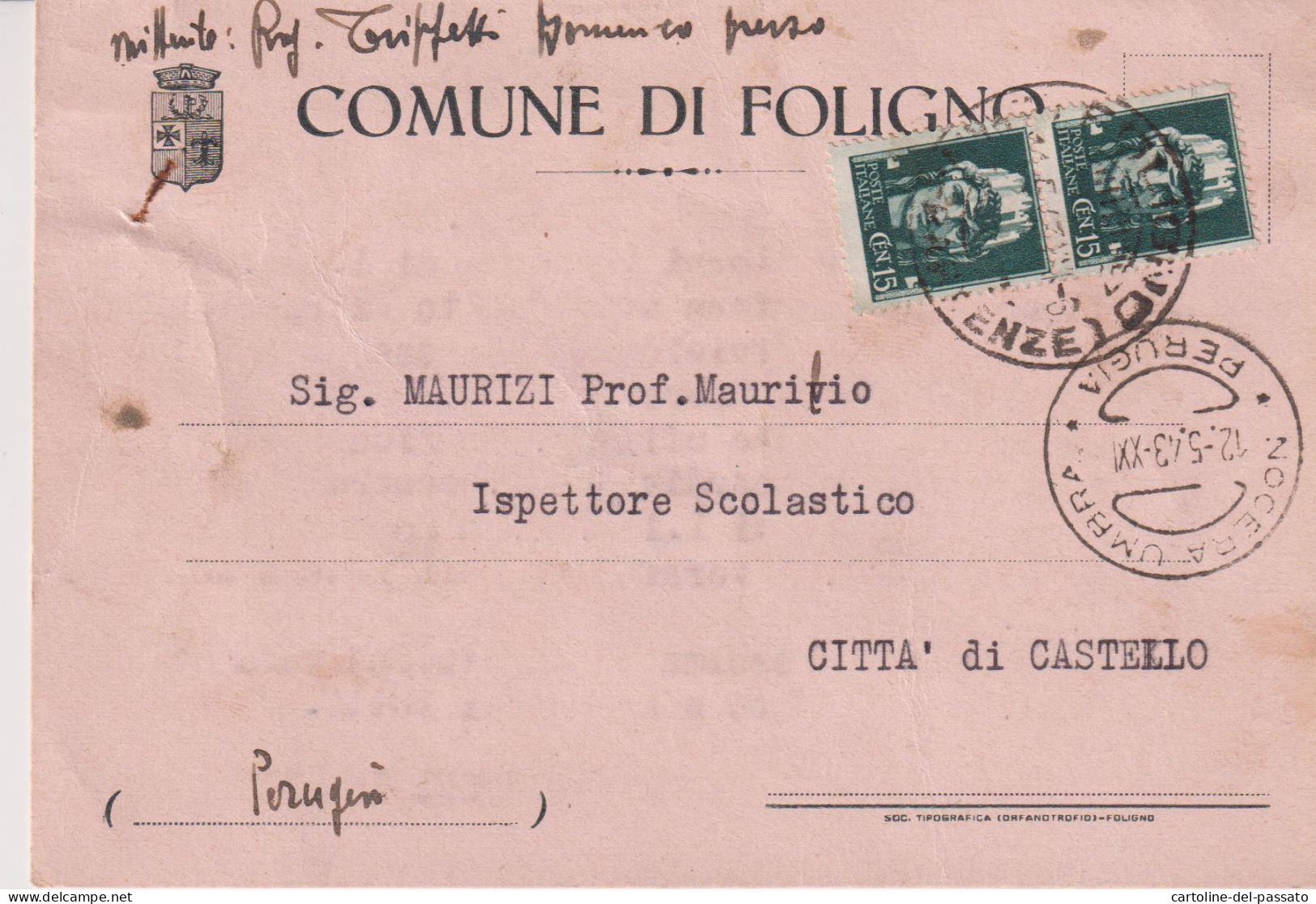 FOLIGNO  PERUGIA  CARTOLINA COMUNE   1943 - Foligno