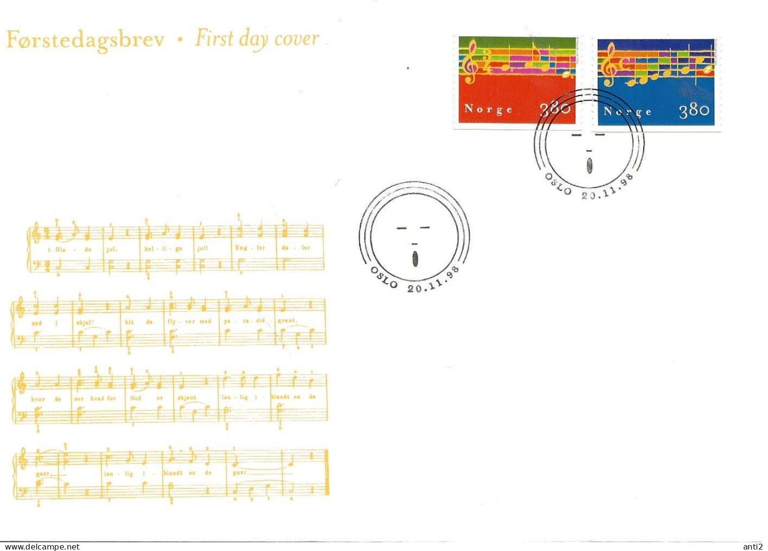 Norway Norge 1998 Christmas, Rst Notes Of The Christmas Song "Silent Night, Holy Night" And  "How Wonderful Is The FDC - Brieven En Documenten