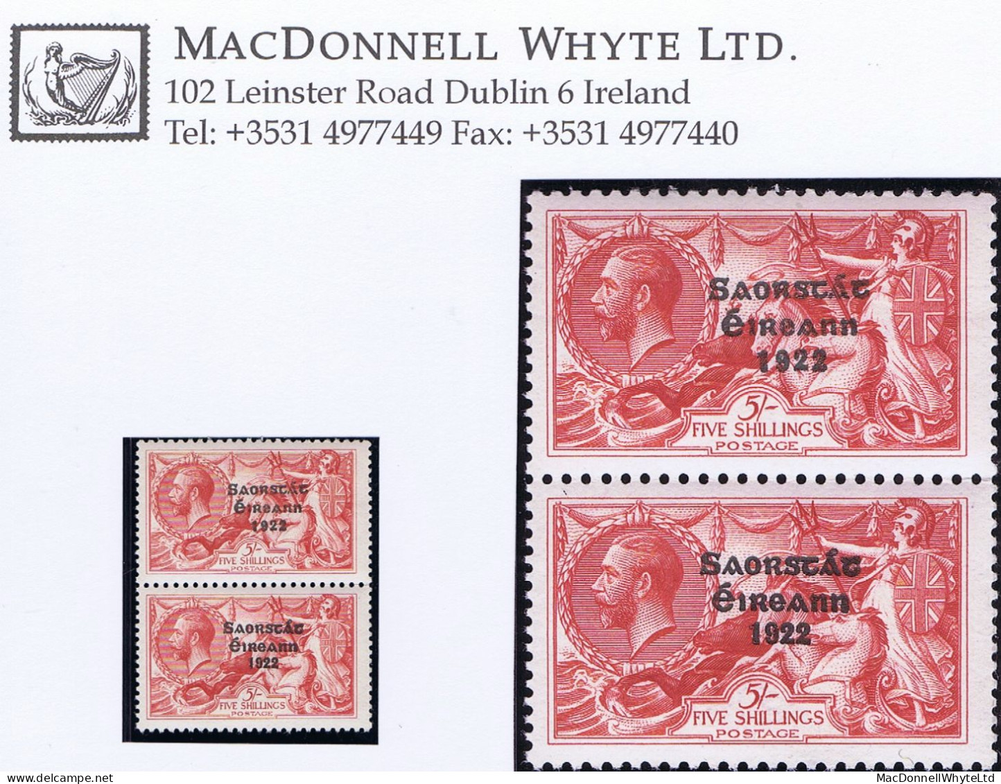 Ireland 1927 Composite Dates Saorstat 3-line Ovpt 5s "Wide & Narrow" Vertical Pair Fresh Mint Unmounted - Ungebraucht