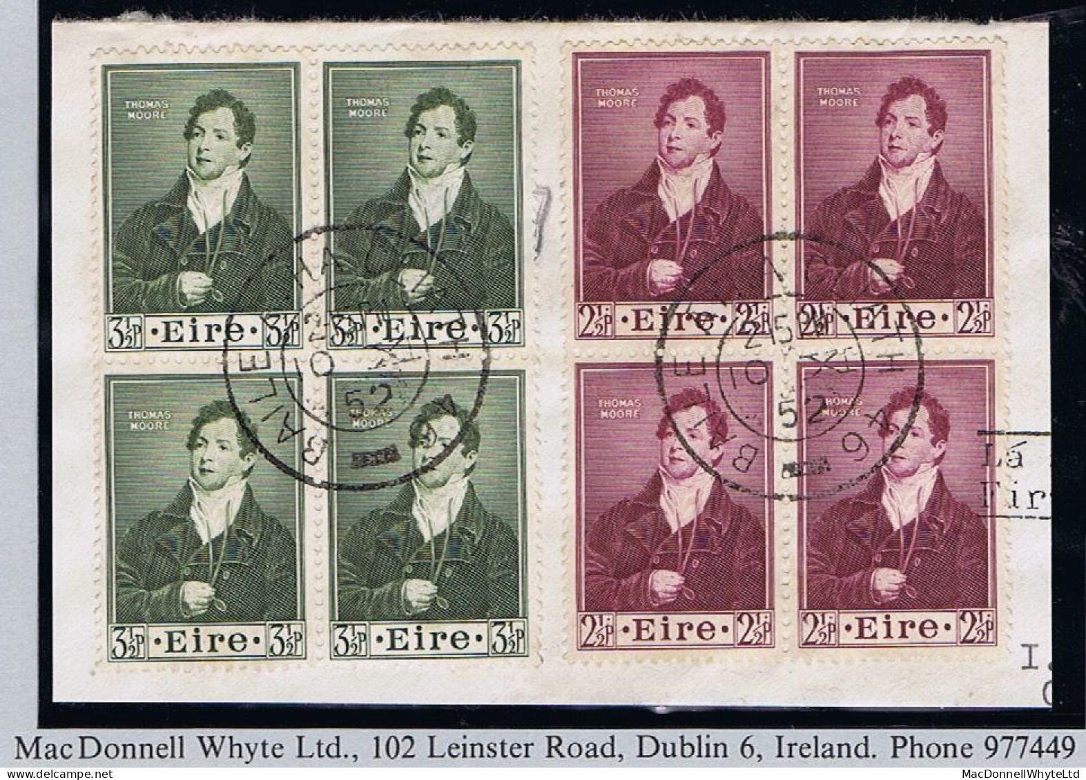 Ireland 1952 Thomas Moore 2½d 3½d, Set In Blocks Of 4 Used On Piece, Dublin First Day Cds - Oblitérés