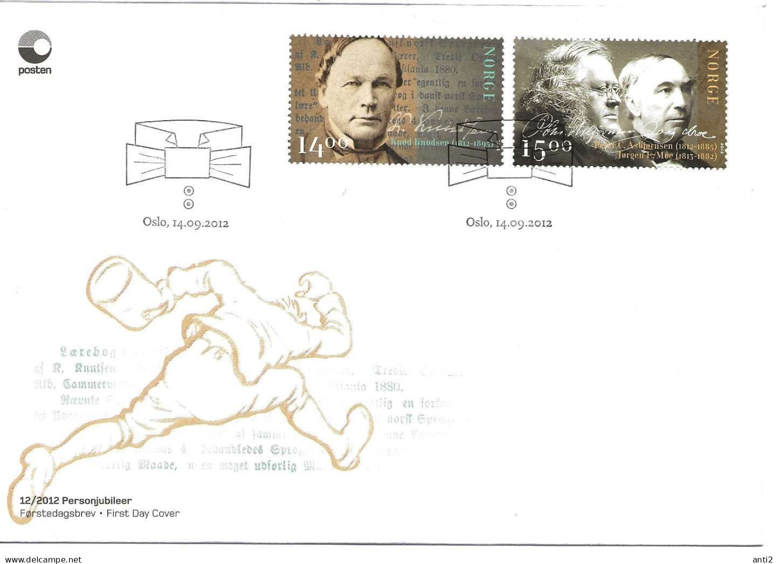 Norway Norge 2012 Birth Days Knud Knudsen And Peter Christen Asbjørnsen;  Jørgen Moe Death  Mi  1796 - 1797 FDC - Cartas & Documentos