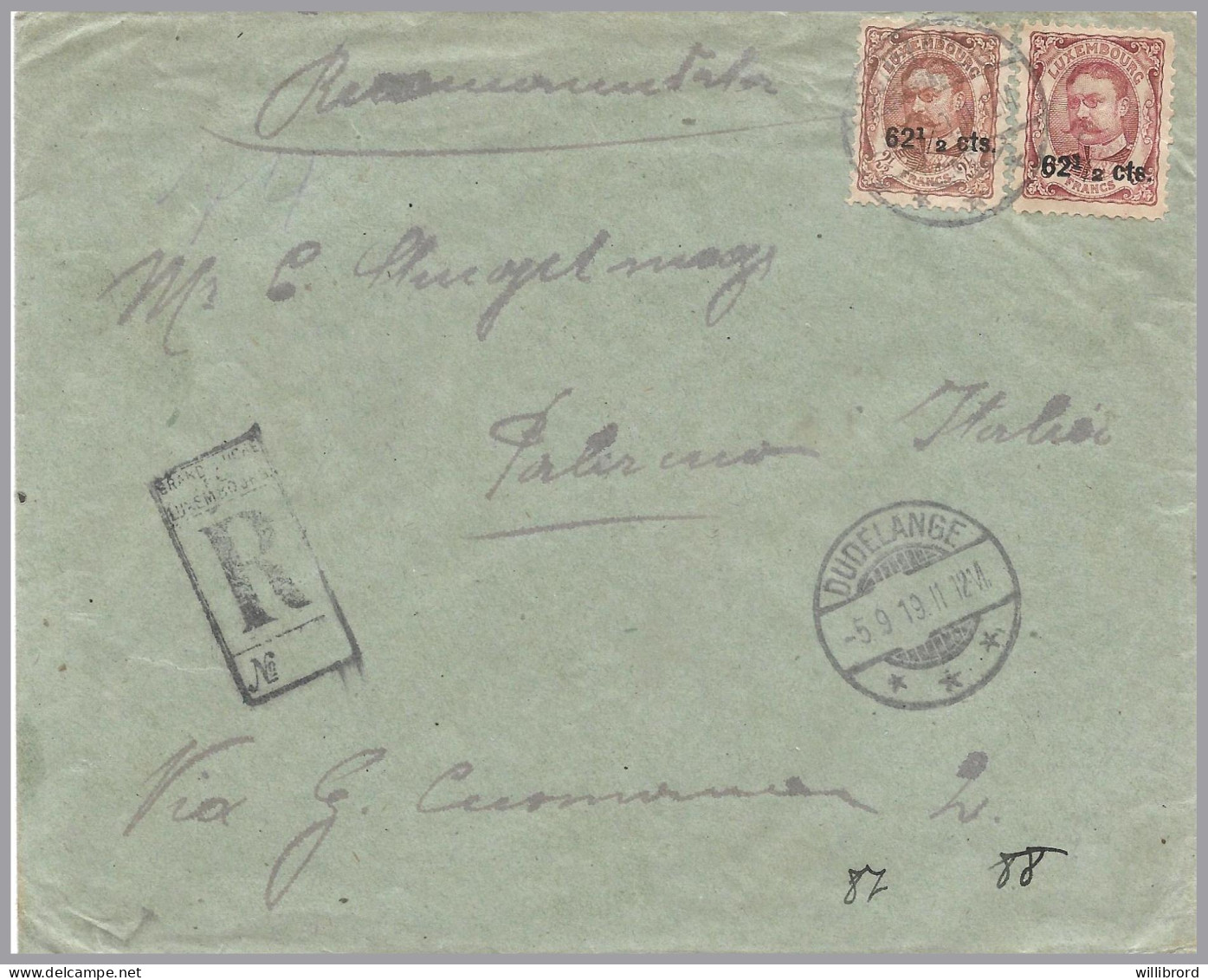 LUXEMBOURG - 1919 62½c/2½Fr & 62½c/5Fr William IV - DUDELANGE Registered To Sicily, ITALY - 1906 Guillaume IV