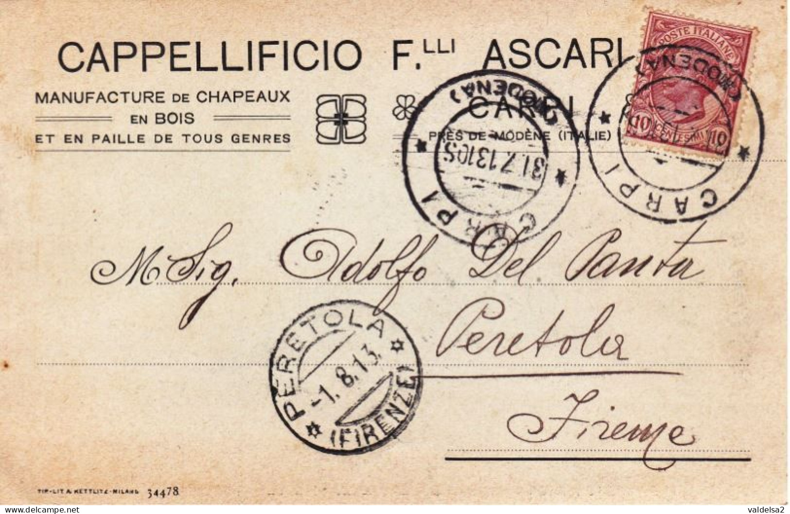 CARPI - MODENA - CARTOLINA COMMERCIALE PUBBLICITARIA "CAPPELLIFICIO F.LLI ASCARI" - 1913 - Carpi