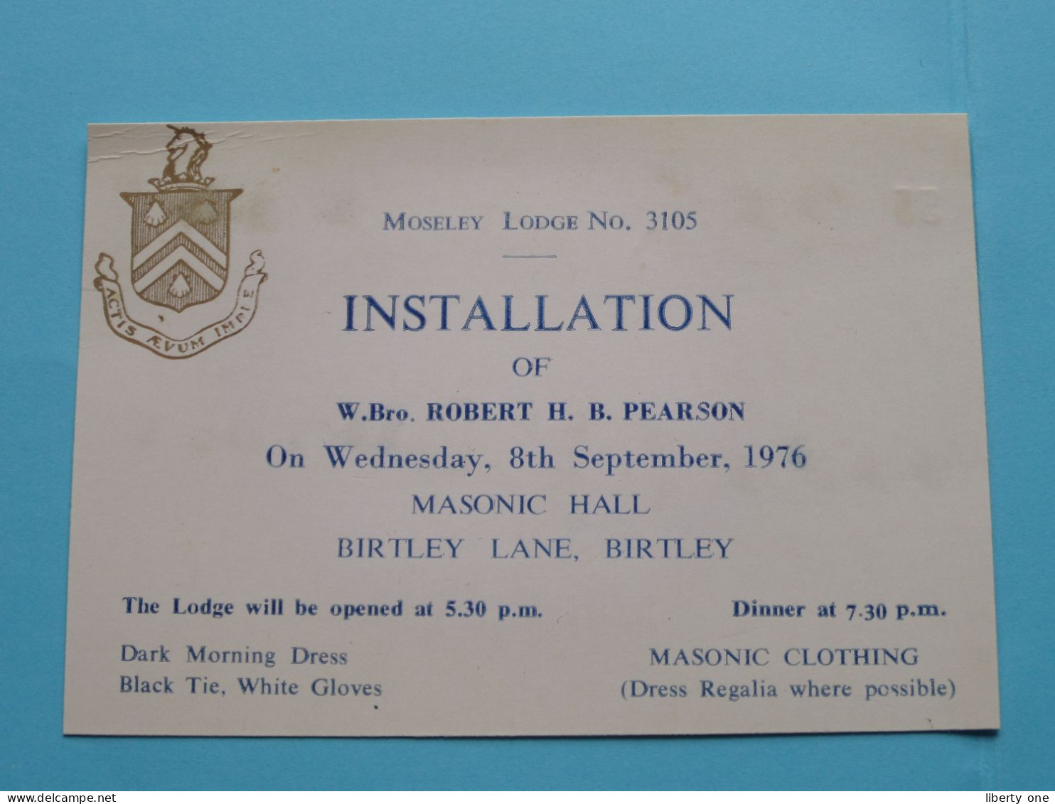 Installation Of W. Bro. Robert H. R. PEARSON > MASONIC HALL At BIRTLEY > 1976 Moseley Lodge N° 3105 ( See SCANS ) ! - Visiting Cards