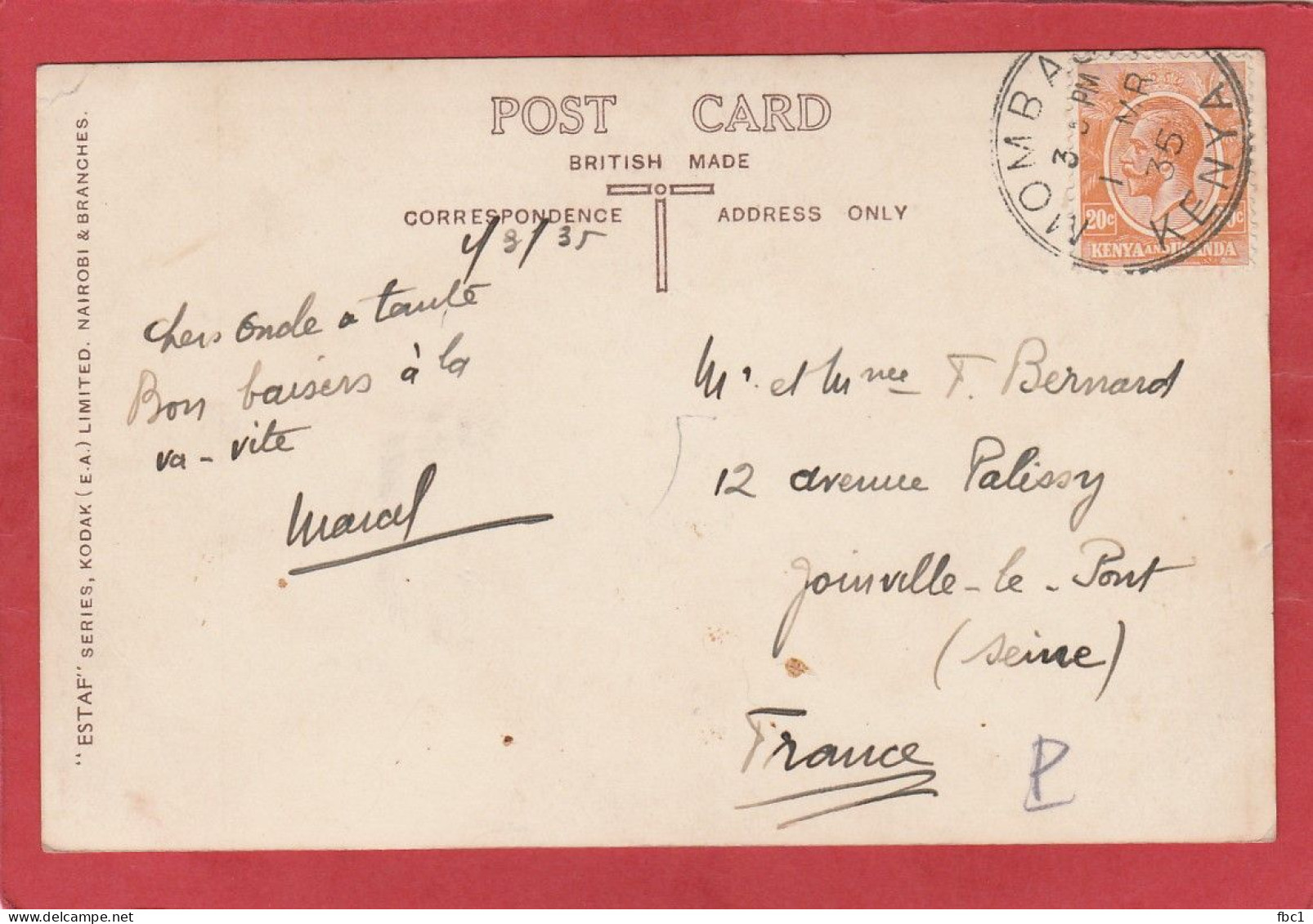 Kenya And Uganda - Postcard Mombasa For Joinville Le Pont (France) 1935 - Kenya & Ouganda