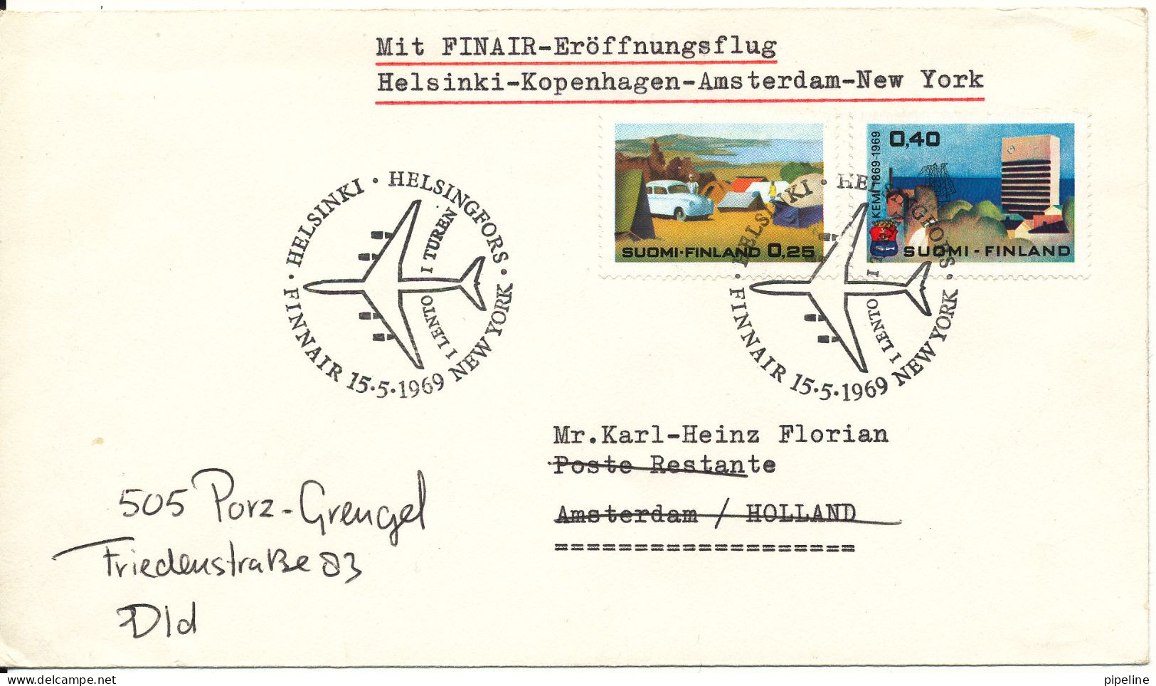 Finland Cover First Finair Flight Helsinki - Copenhagen - Amsterdam - New York 15-5-1969 - Lettres & Documents